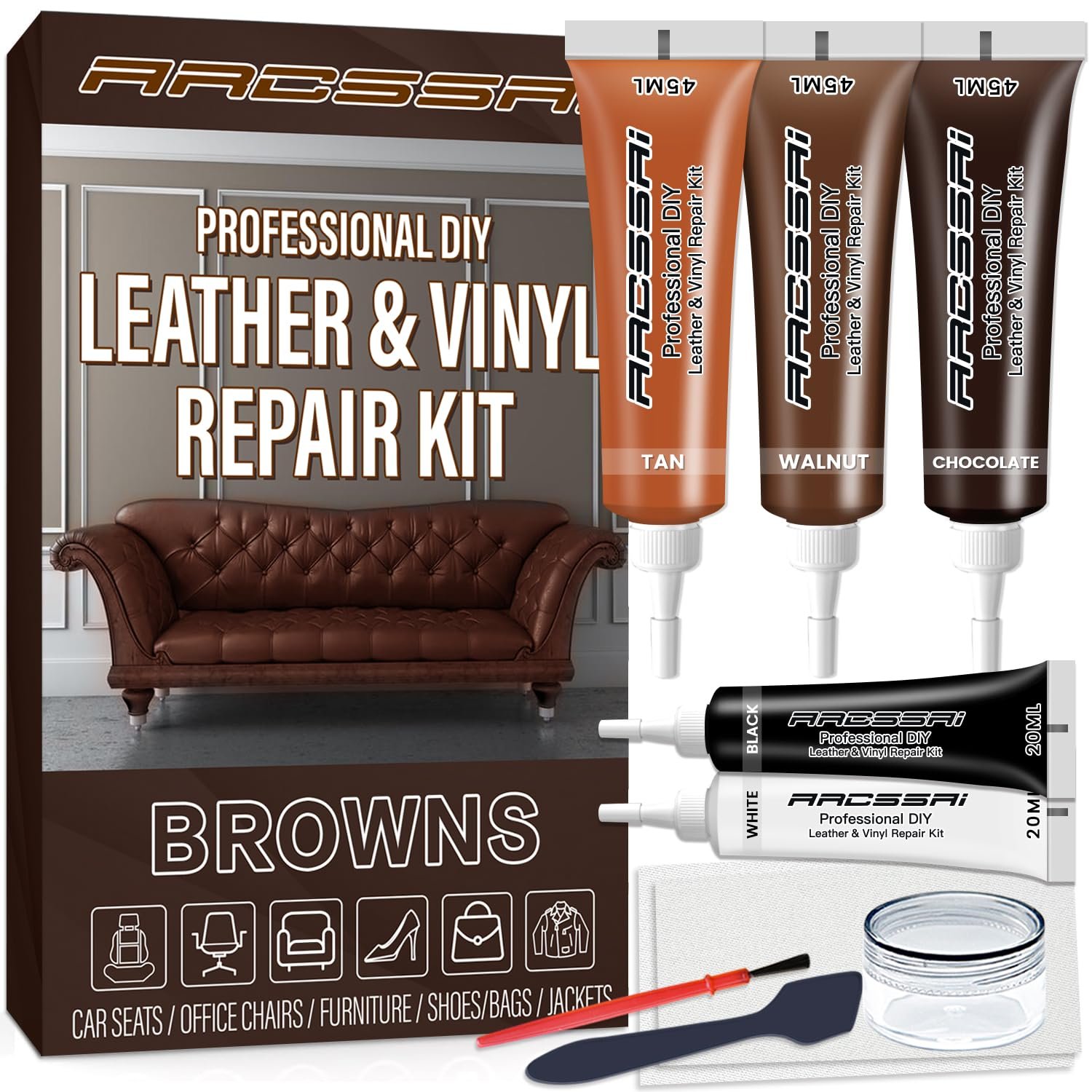  Brown Leather Repair Kit for Furniture, Vinyl Repair Kit for Sofa, Jacket, Car Seats and Purse with Super Easy Instructions, Restores Any Material, Bonded, Pleather, Genuine