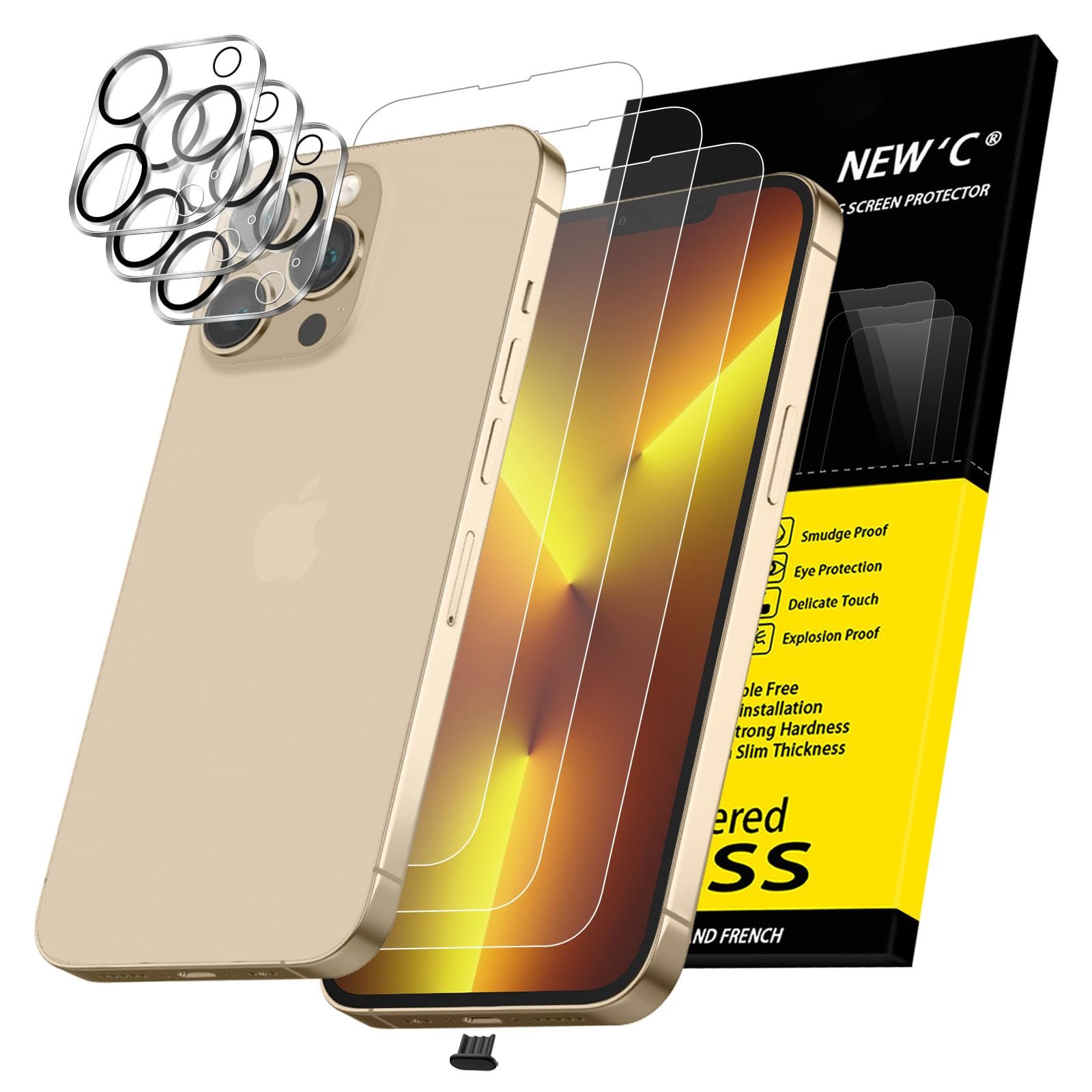 NEW'C 3x iPhone 13 Pro Max Screen Protector (6.7") + 3x Camera Lens | Sensor Protection | Dust Plug | Case Friendly | Tempered Glass Film | Ultra Resistant