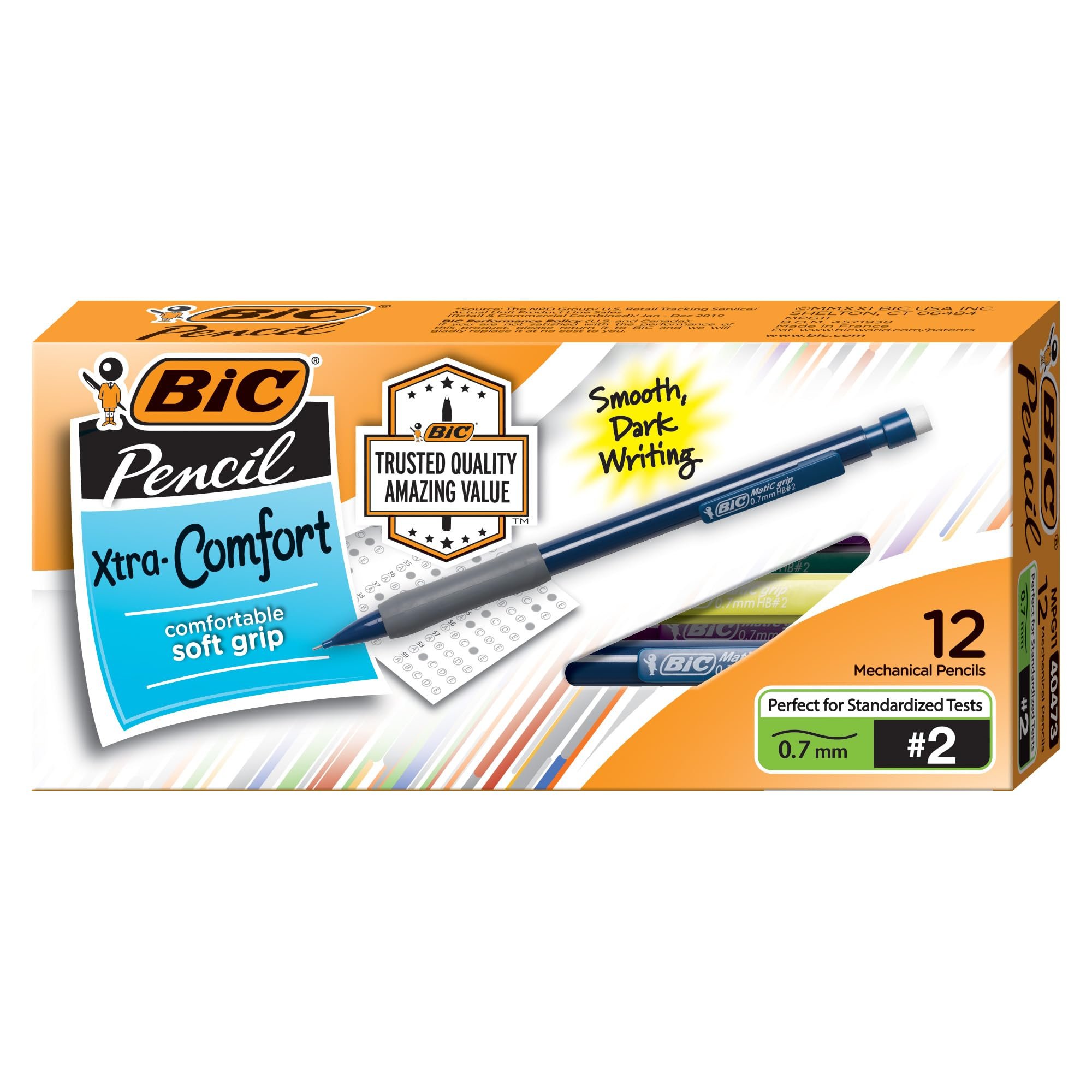 BIC Xtra Comfort Mechanical Pencils with Erasers, Medium Point (0.7mm), 12-Count Pack, Bulk Mechanical Pencils for School or Office Supplies