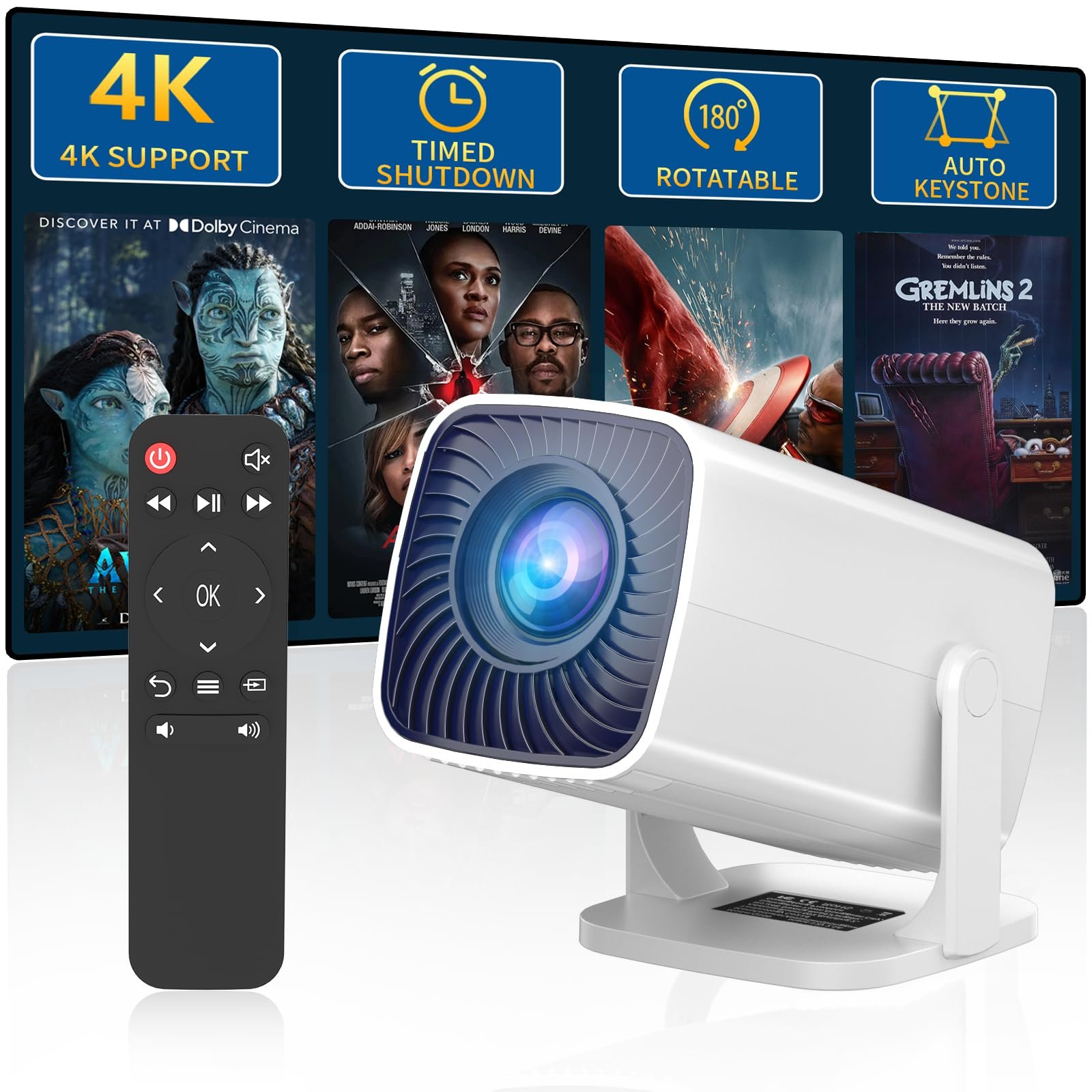 Mini Projector, Portable Outdoor Projector 4K Supported, Short Throw Movie Projector Compatible with Smartphone, TV Stick, Laptop, Game Consoles
