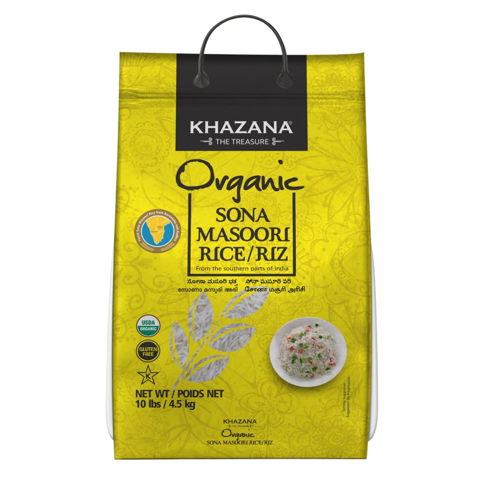 Organic Sona Masoori Rice by Khazana in 10 lb Bag - Aromatic and Flavorful Indian Grain - Non-GMO, Gluten Free, Kosher, Cholesterol Free