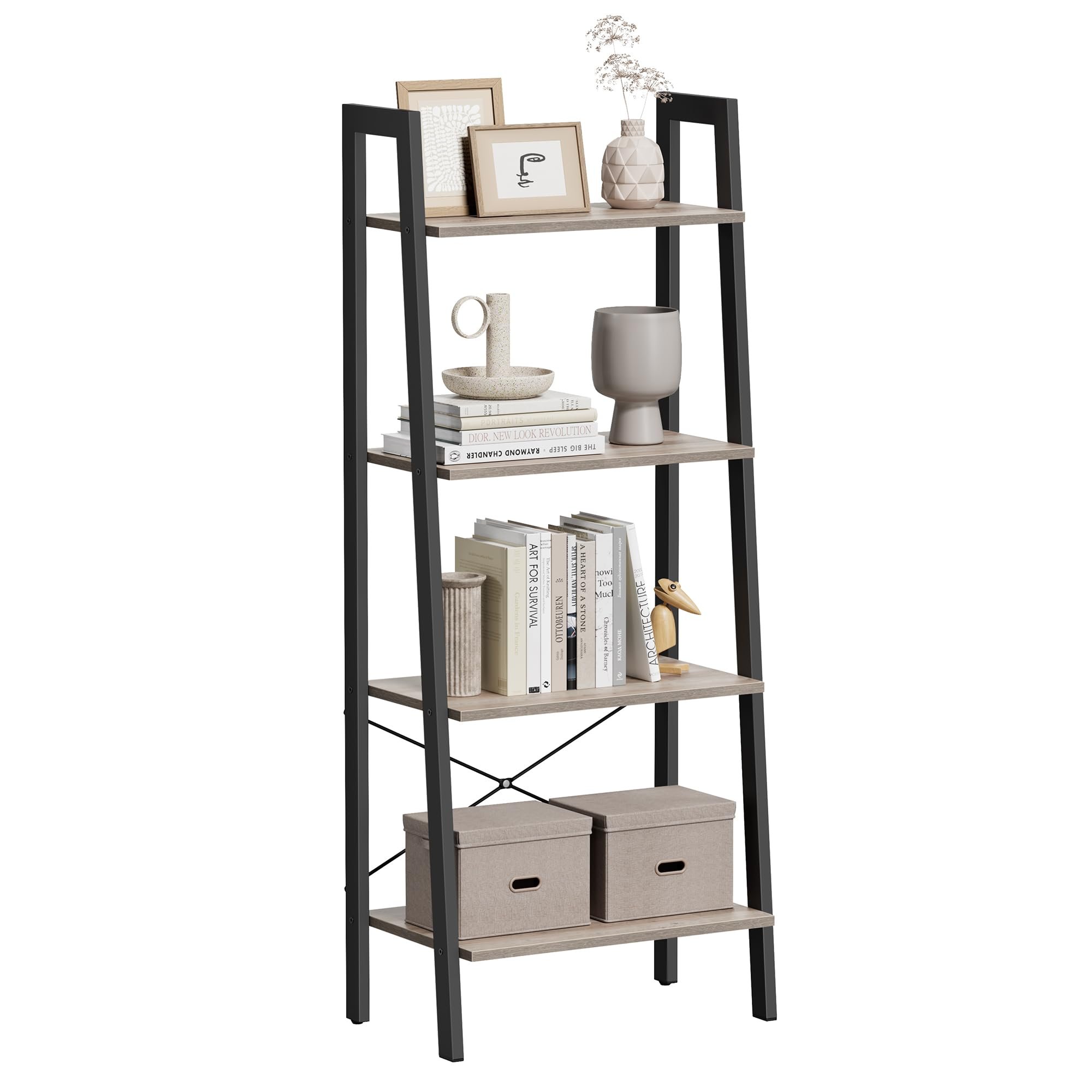 VASAGLE Ladder Shelf, 4-Tier Bookshelf, Storage Rack, Bookcase with Steel Frame, for Living Room, Home Office, Kitchen, Bedroom, Industrial Style, Heather Greige and Ink Black ULLS44MB