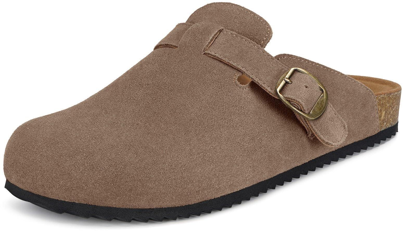 Womens Suede Clogs Mens Genuine Leather Mules Cork Footbed Sandals with Arch Support