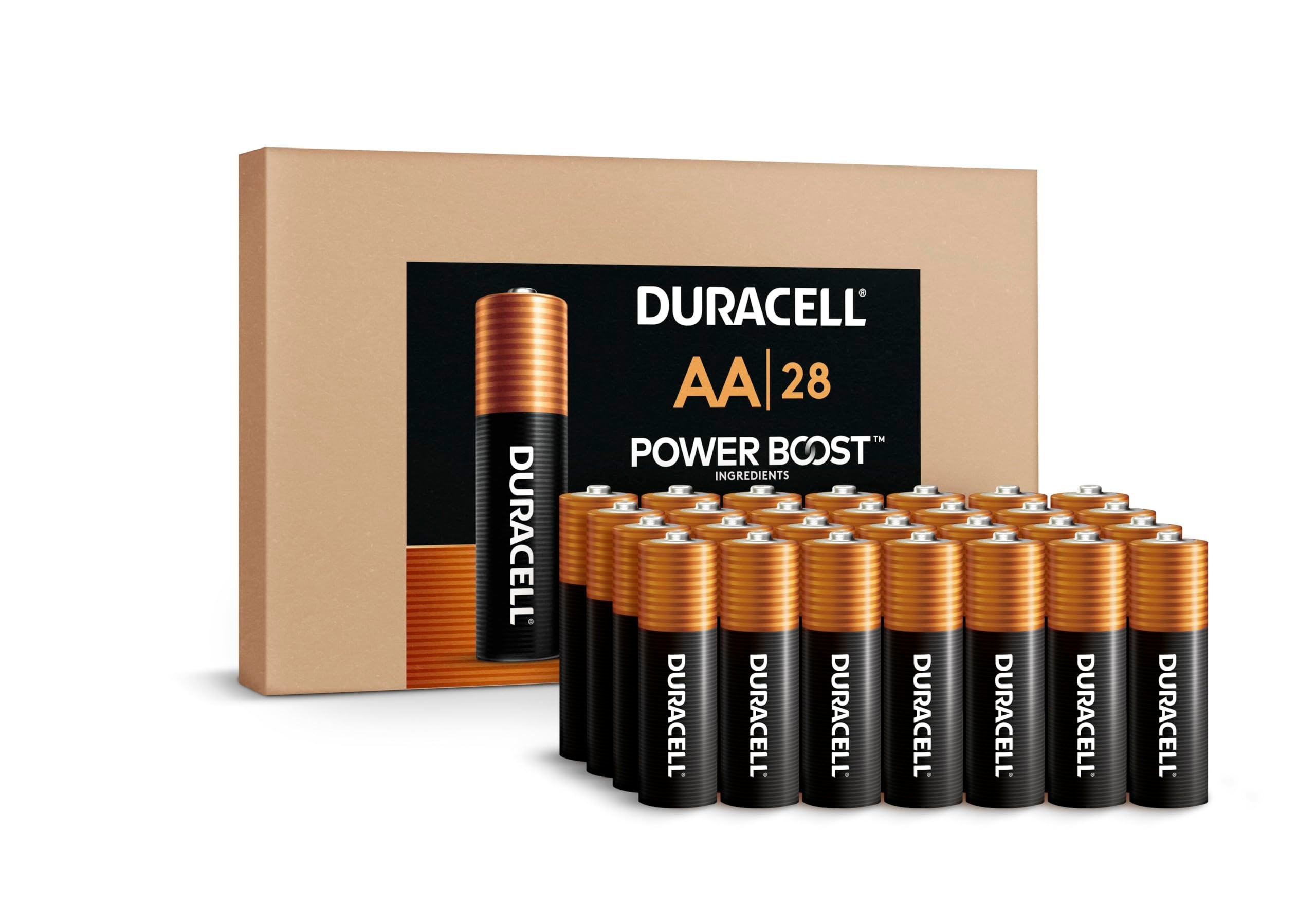 Duracell Coppertop AA Alkaline Batteries with POWER BOOST Ingredients, 28 Count, Long-Lasting Alkaline in Re-closable Pack for Quick Access and Organized Storage