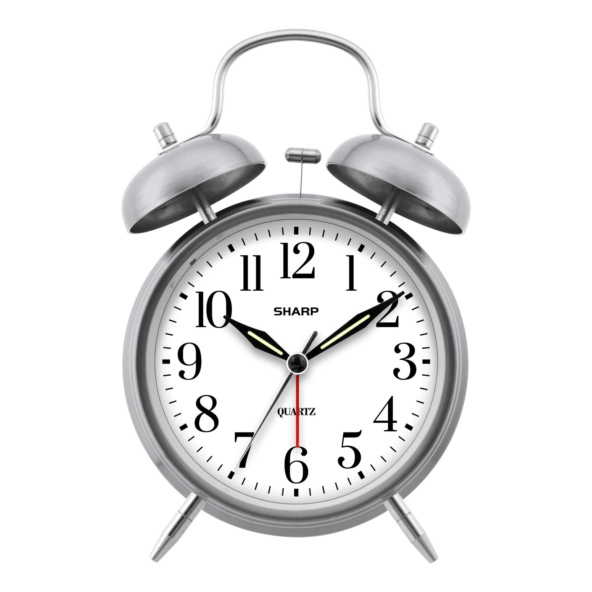 Sharp Twin Bell Alarm Clock - Loud Alarm - Great for Heavy Sleepers - Battery Operated Quartz Analog Clock (Brushed Silver)