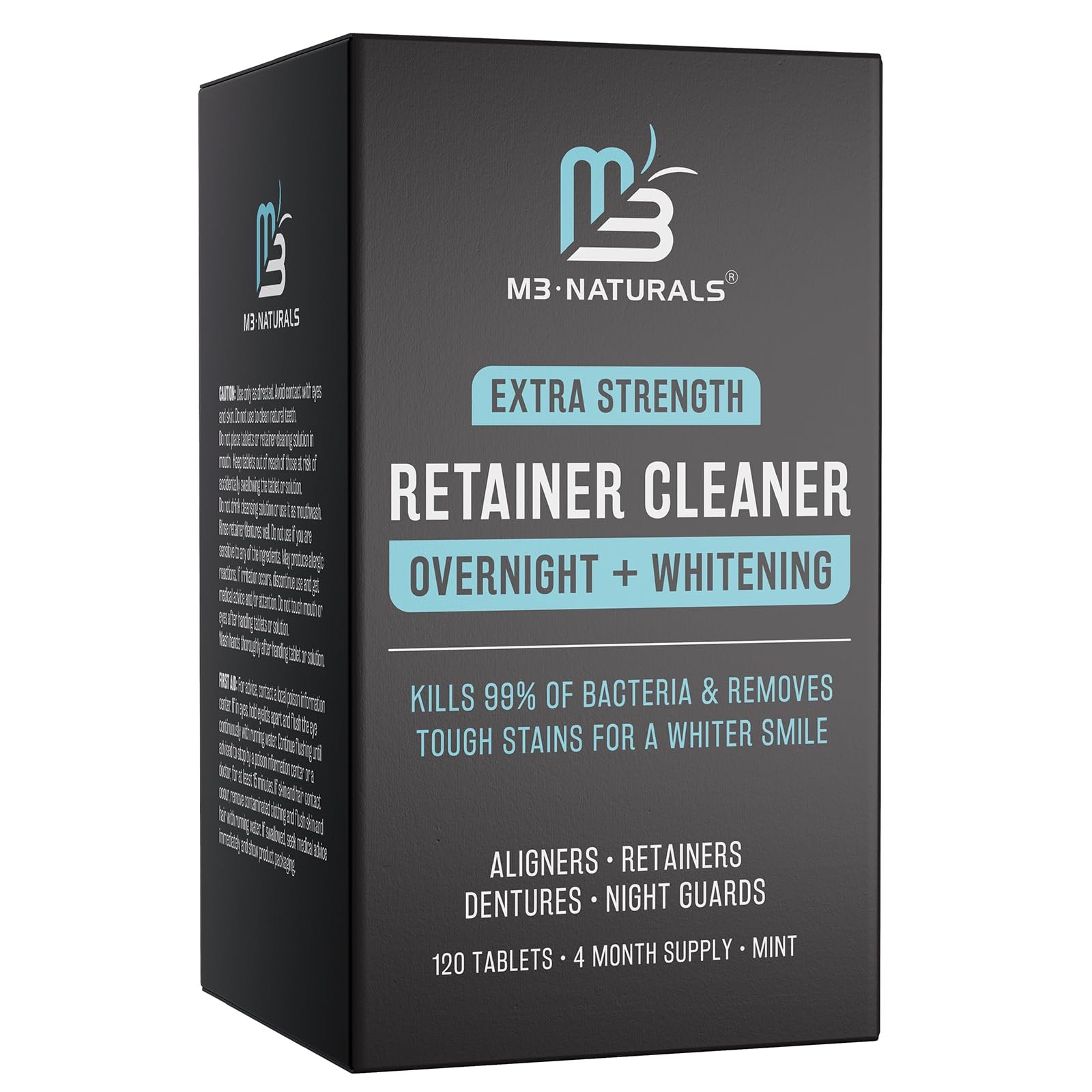 Overnight + Whitening Retainer Cleaner, Remove Stains, Discoloration, and Plaque | 4 Month Supply | Denture Cleanser with Whitening Boost,120 Tablets by M3 Naturals