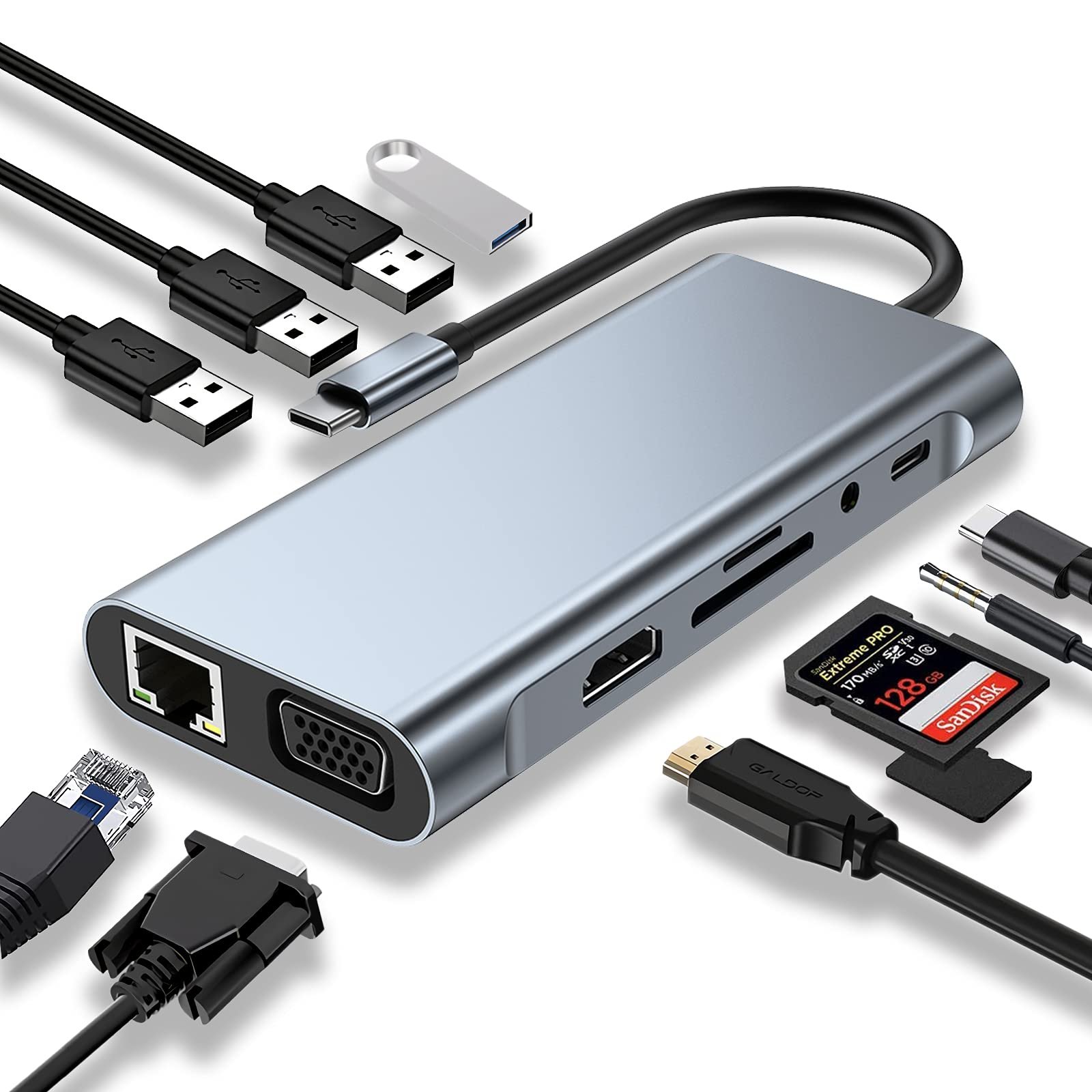 USB C HUB, USB C Adapter 11 in 1 Dongle with 4K HDMI, VGA, Type C PD, USB3.0, RJ45 Ethernet, SD/TF Card Reader, 3.5mm AUX, Docking Station Compatible with MacBook Pro/Air, Other Type C Laptops