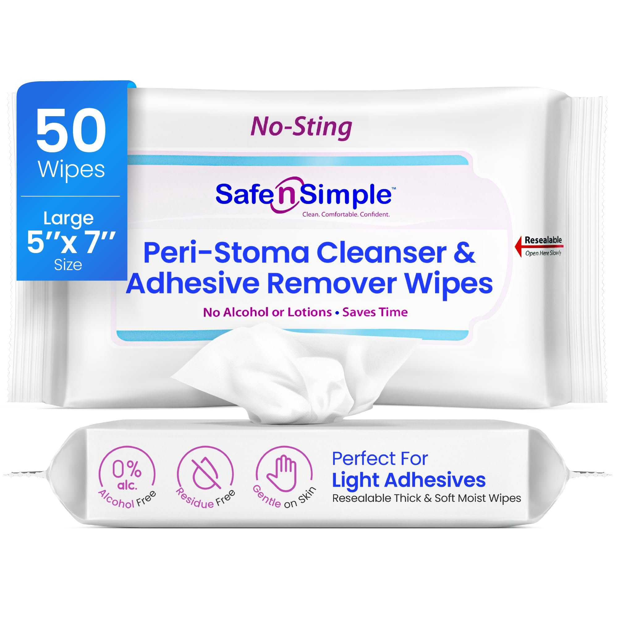 Safe n’ Simple Resealable Adhesive Remover Wipes for Skin - 50 Large 5"x7" No Sting Alcohol Free Medical Adhesive Remover Pads for Ostomy, Stoma Care - Gentle Adhesive Removal Wipes for Bandages, Tape