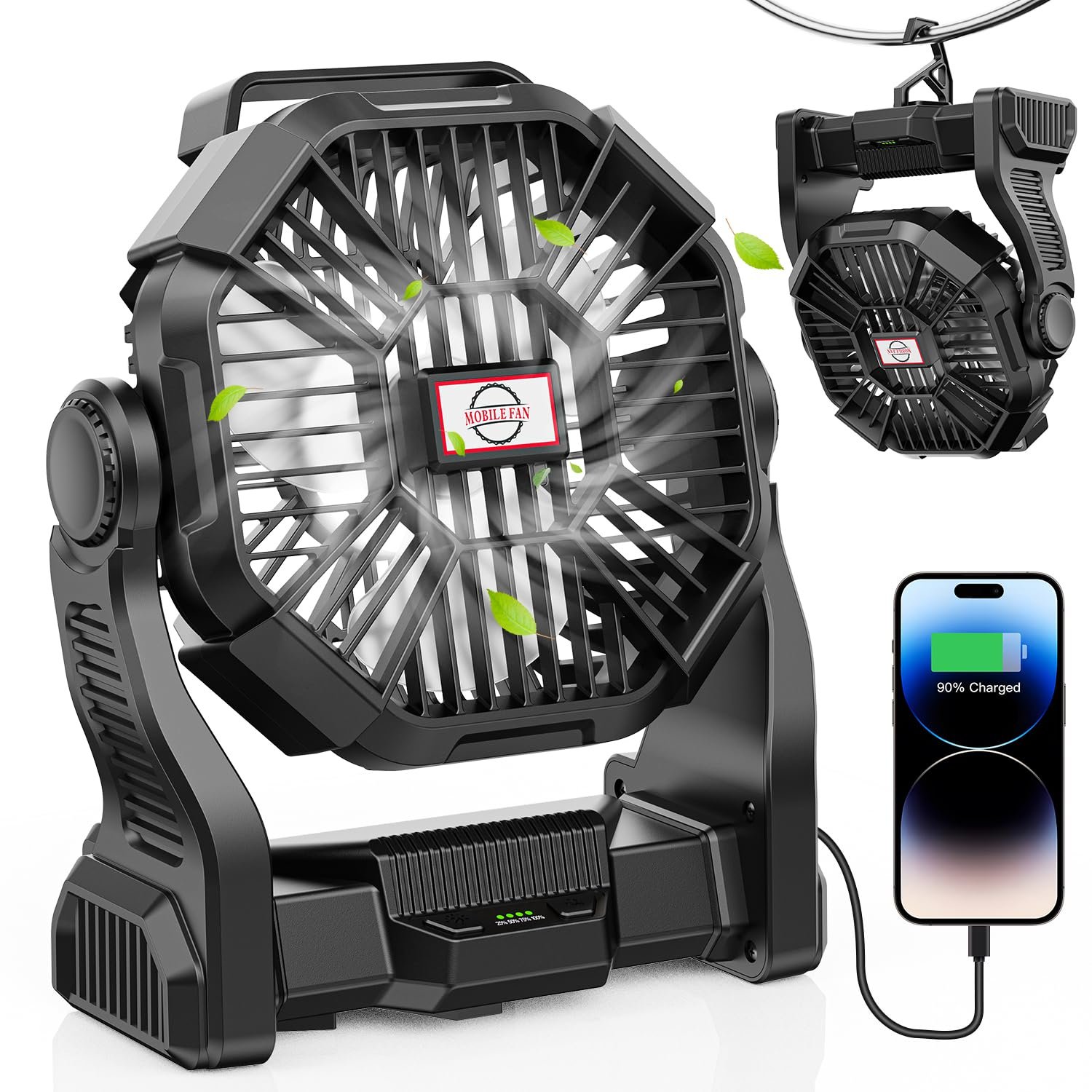 DOWILLDO 15000mAh Portable Battery Powered Camping Fan - with LED Light, Quiet Battery Operated, Camping Gear for Travel, Tent, Beach, Car or Hurricane Power Outages，Black
