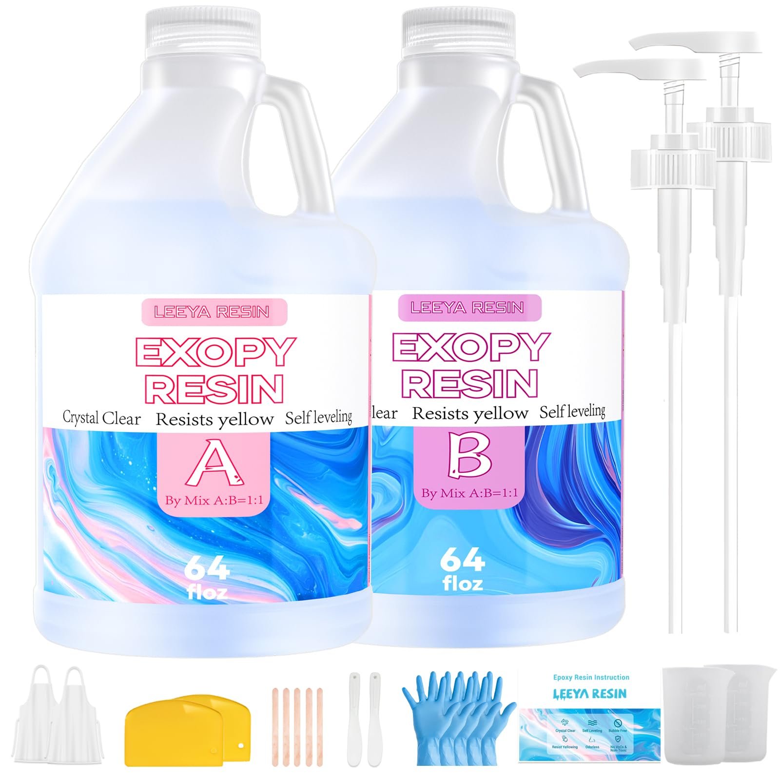 LEEYA Epoxy Resin Crystal Clear Epoxy Resin Kit 1 Gallon, No Yellowing No Bubble Self Leveling Resin Epoxica Easy Mix 1:1, Table Top Epoxy Resin, Coating Casting, Painting, Art Crafts, Jewelry Making