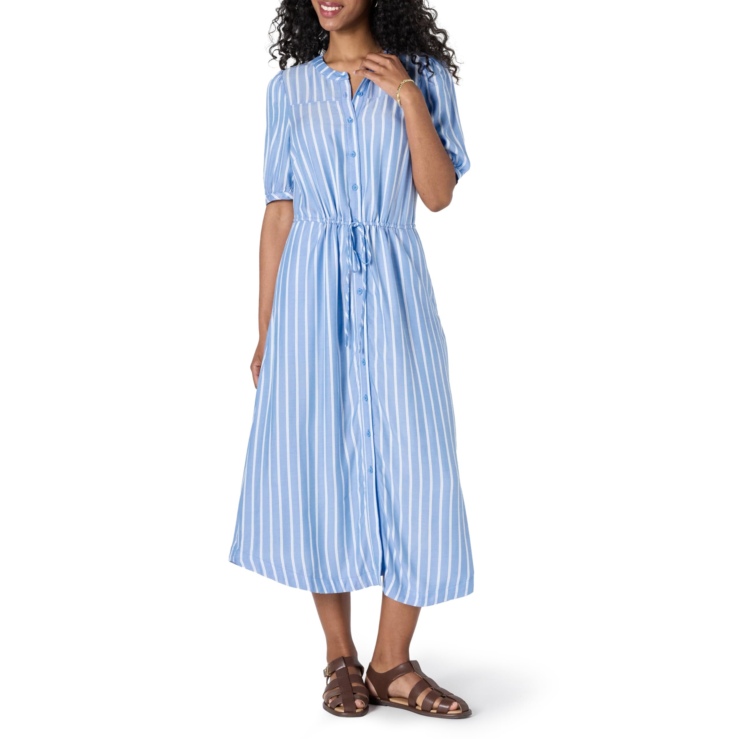 Amazon Essentials Women's Fit and Flare Half-Sleeve Waisted Midi A-Line Dress with Pockets