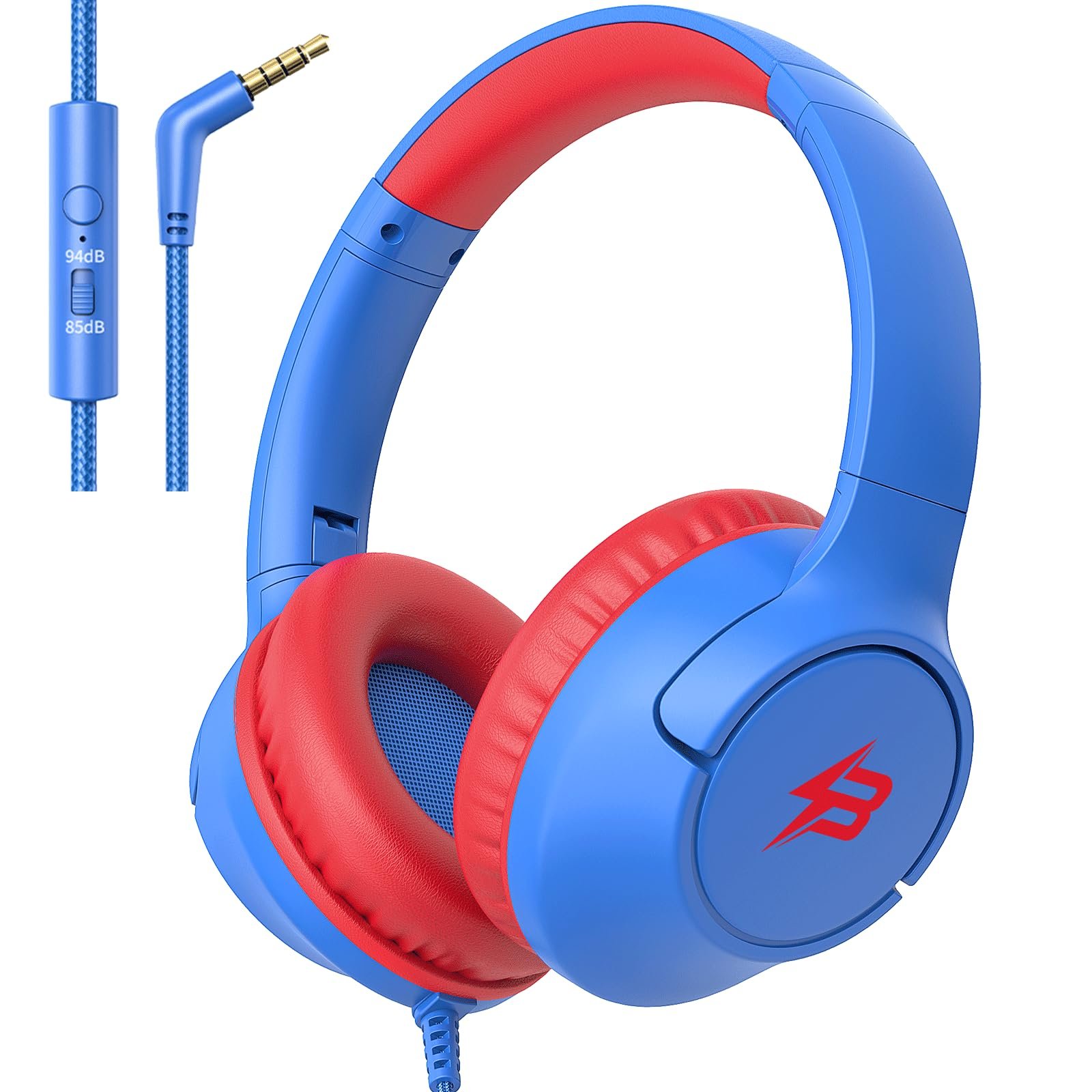 Kids Headphones for School, 85/94 dB Volume Limit, Wired Over Ear Headphones for Kids Boys Girls with Microphone, Foldable Stereo Sound 3.5mm Wired Cord for Kindle Tablet Airplane Travel, Blue