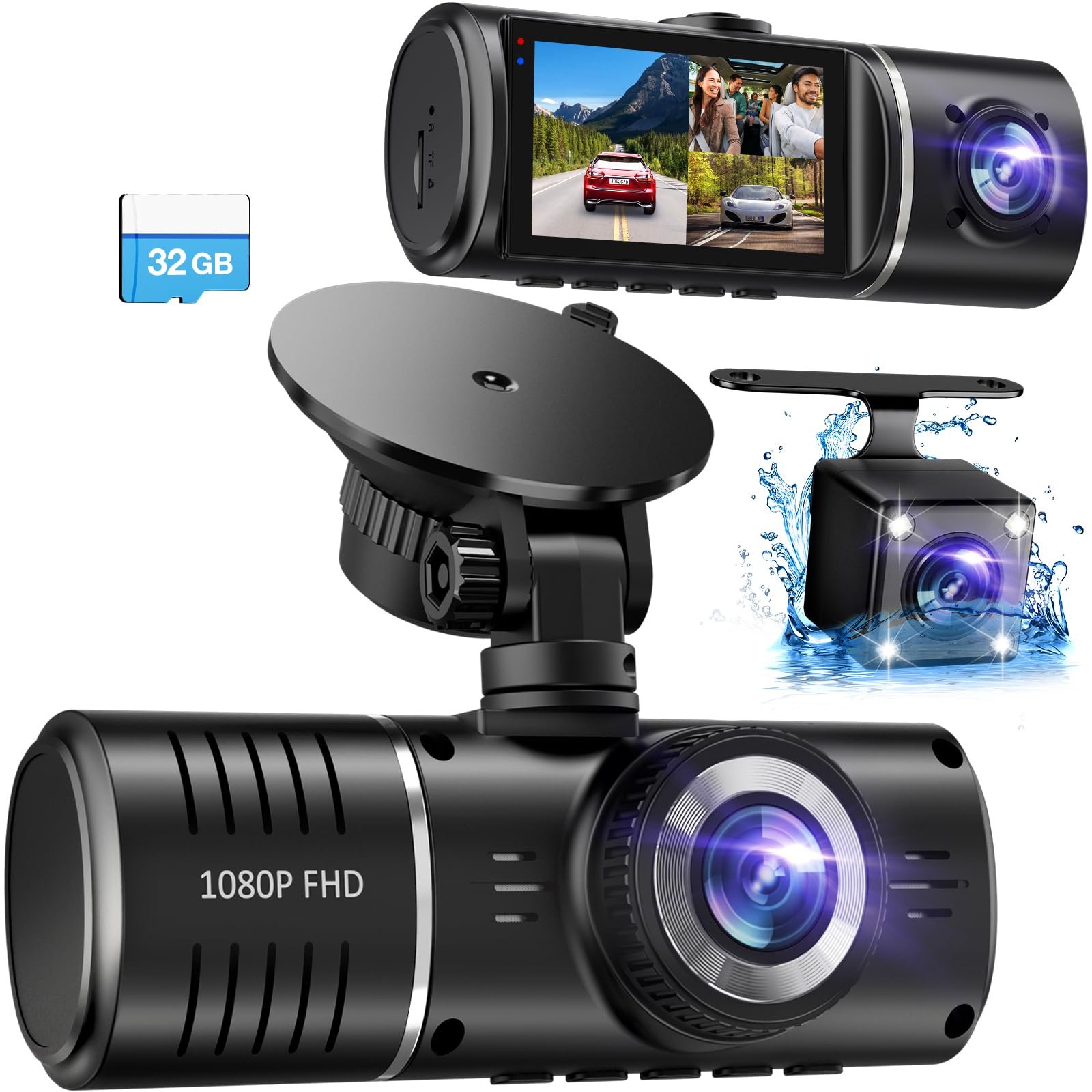 Dash Cam Front and Rear, 1080P Dash Camera for Cars, 3 Channel Car Camera Front Rear and Inside with 32GB Card, Loop Recording, Night Vision, HDR, 24Hr Parking, G-Sensor