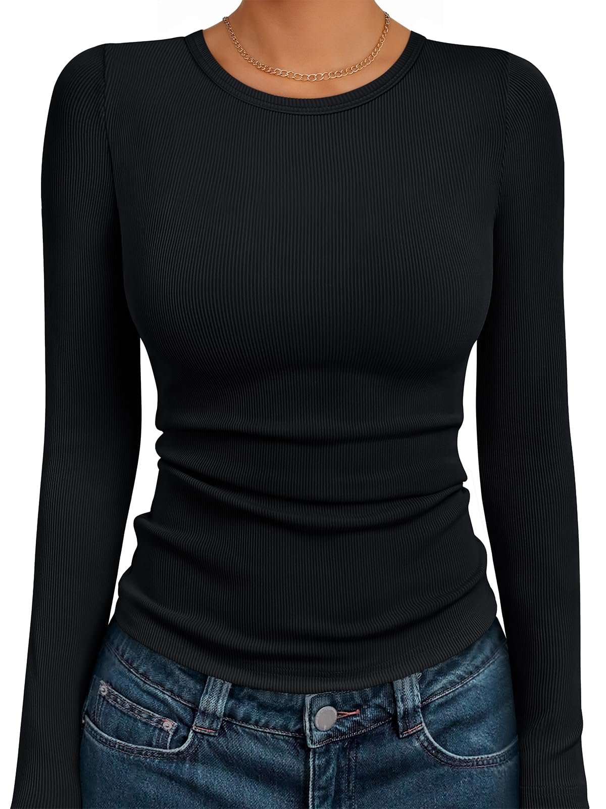 AUTOMET Women's Long Sleeve Blouses Shirts with Ribbed Knit Work Office Basic Tops