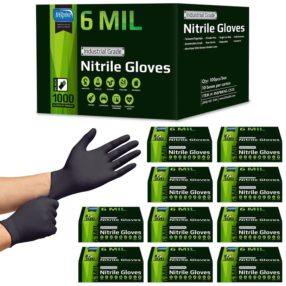 Inspire HEAVY DUTY ORIGINAL Stretch Nitrile Black Gloves Disposable Latex Free | Food, Mechanic, 6mil Black or 8 Mil Orange
