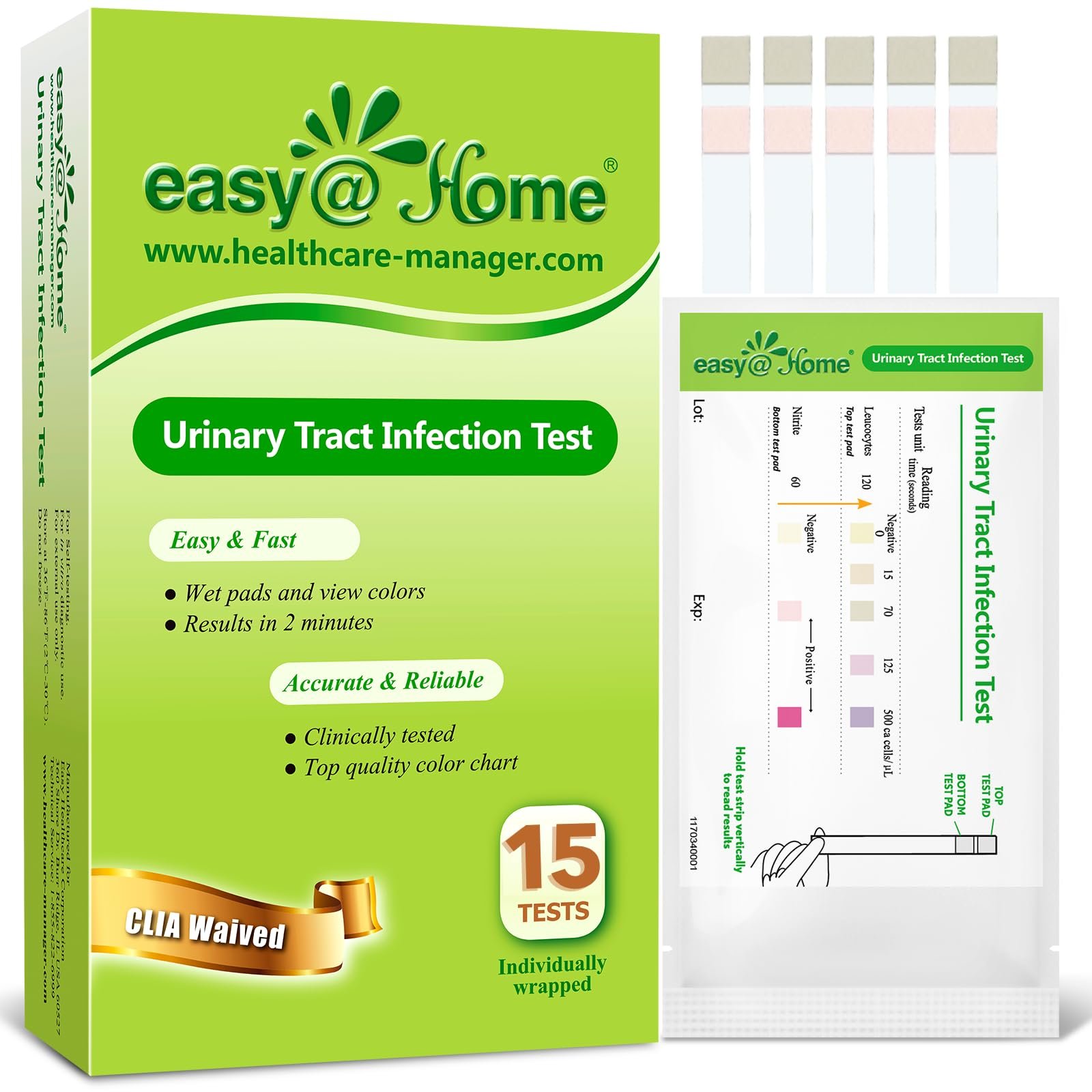 Easy@Home UTI Test Strips Monitor Urinary Tract Bladder Infections, 15 Pack Quick Urine Test Kit Reliable Urinalysis Results, OTC Use (UTI-15P)
