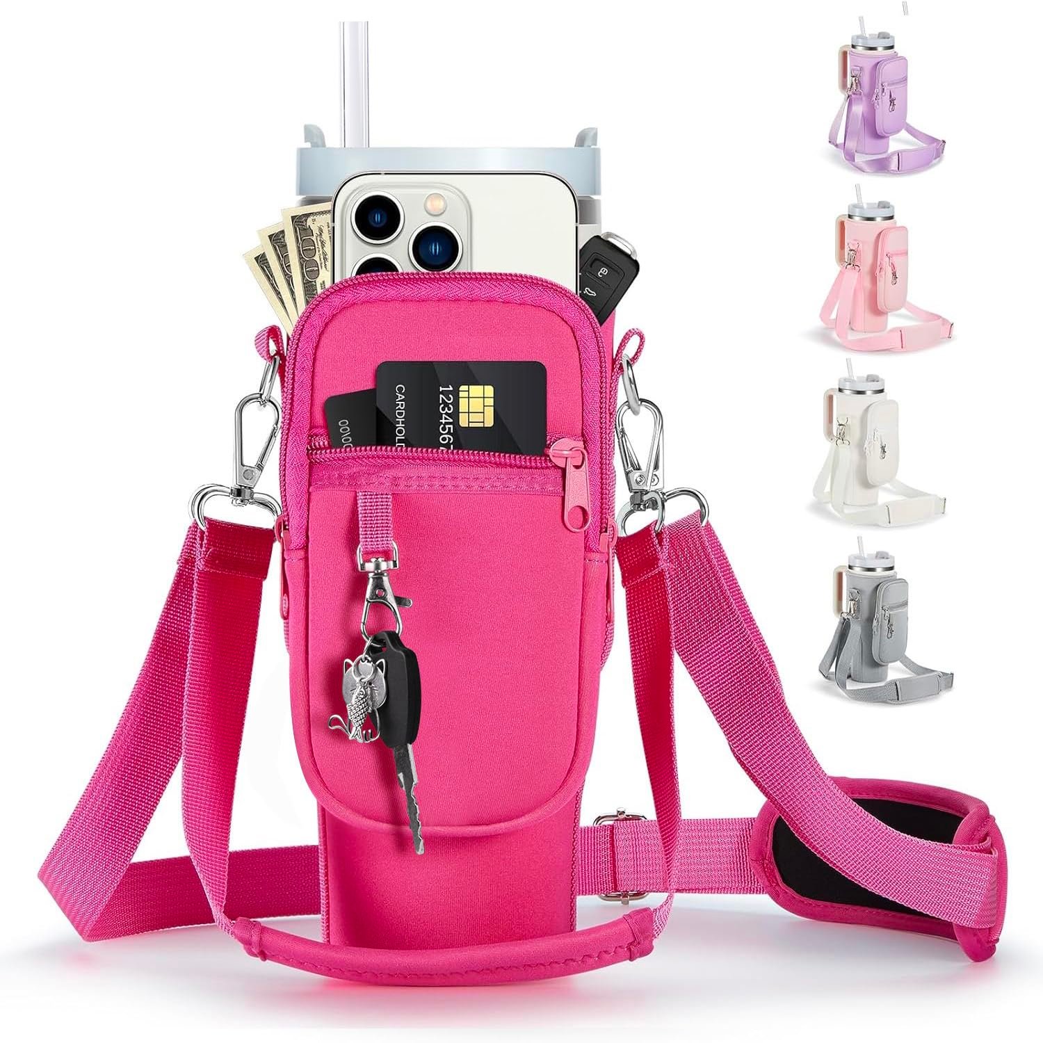 linmaya Water Bottle Carrier Bag with Phone Pocket for Stanley Cup 40/30oz,Insulated Neoprene Water Bottle Holder Cross-boday Bag with Adjustable Shoulder & Handheld Strap Stanley Cup Accessories