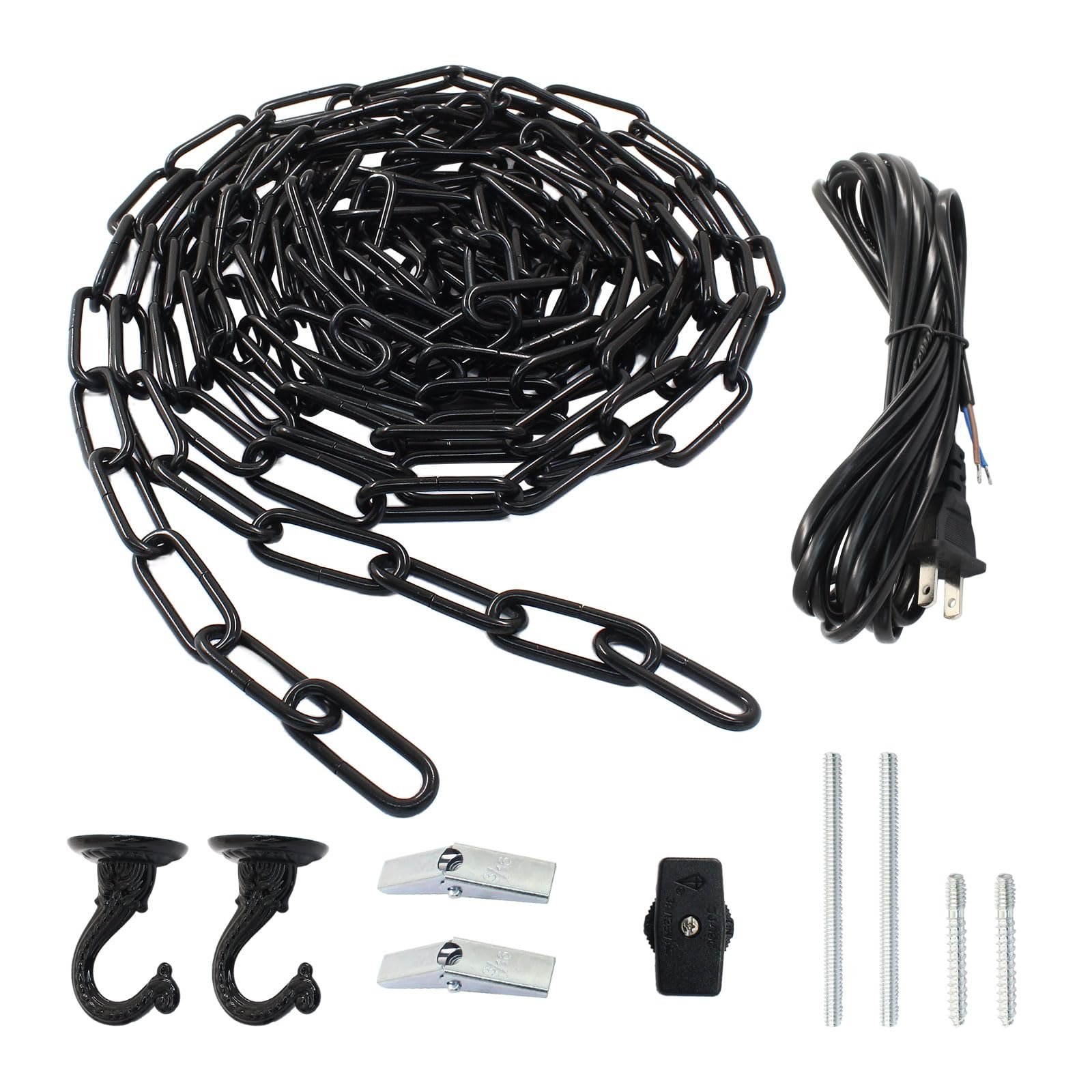 HARSKIYER Swag Light Kit with 15 Ft Chandelier Chain, 15 Ft Light Cord, Switch and 2 Swag Hooks, Black Hanging Lamp Kit for Pendant Light, Ceiling Light and Fan Light