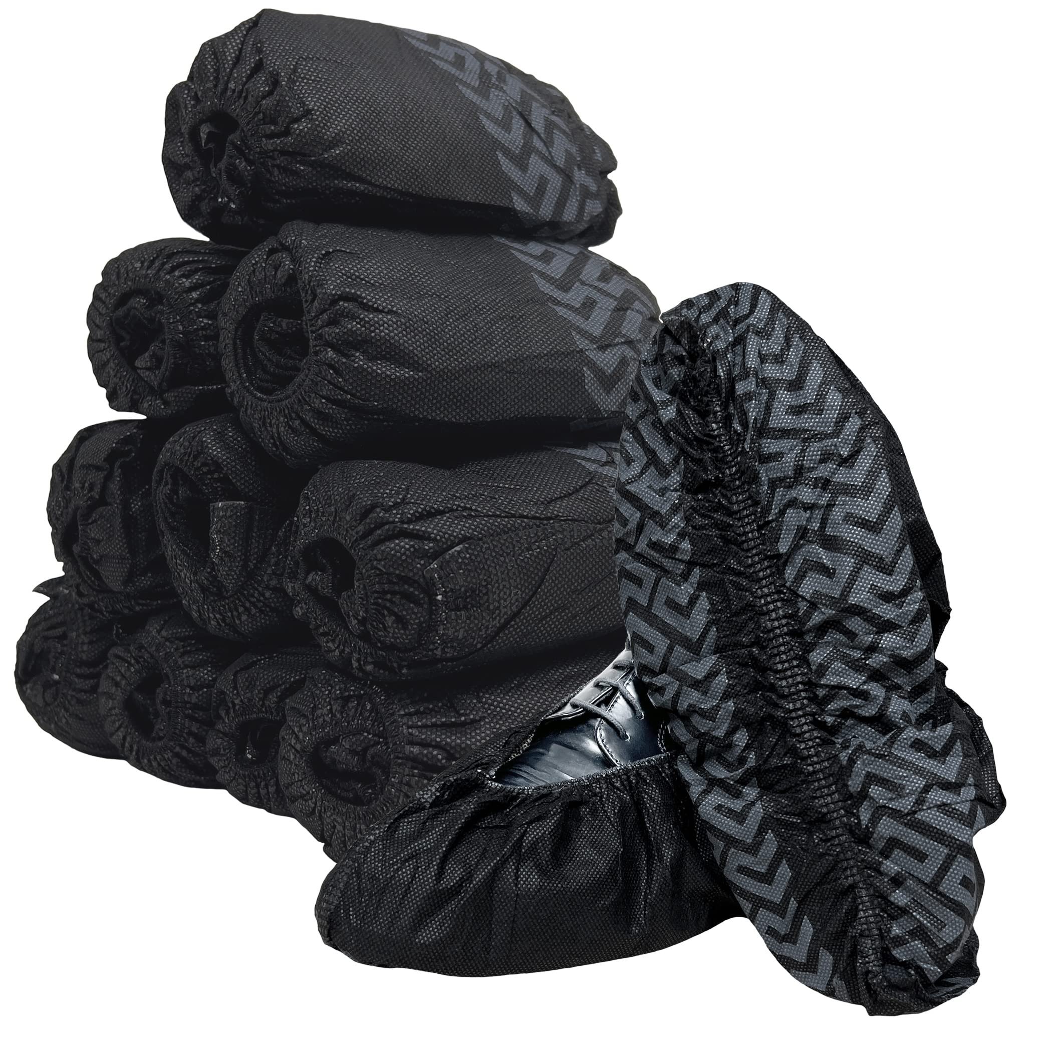 Buena Goods 100 Pack Extra Large Disposable Black Boot and Shoe Covers. Reusable Water Resistant Durable Booties with Non Slip Treads for Indoor Use. Fits US Men's Size 14 and Women's 16 Shoe Size
