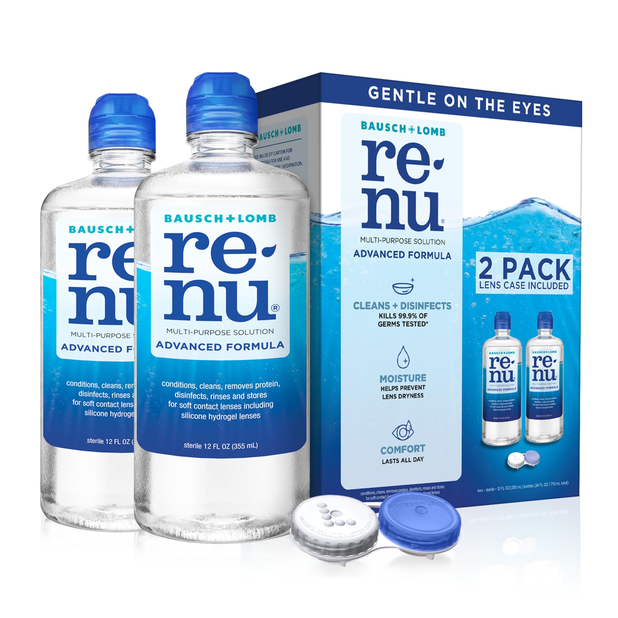 Renu Contact Lens Solution, Advanced Formula Multipurpose Lens Cleaner for Eye Contacts, Cleaning, Moisturizing and Disinfecting Care Two 12 fl. oz. Bottles (24 fl. oz. Total) with Lens Case