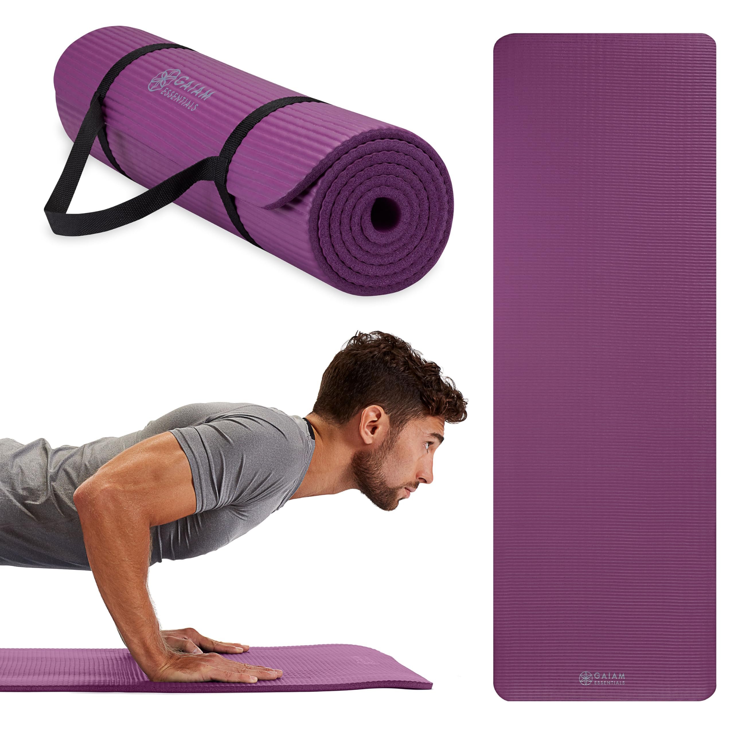 Gaiam Essentials Thick Yoga Mat Fitness & Exercise Mat with Easy-Cinch Carrier Strap,72"L X 24"W X 2/5 Thick, 10mm
