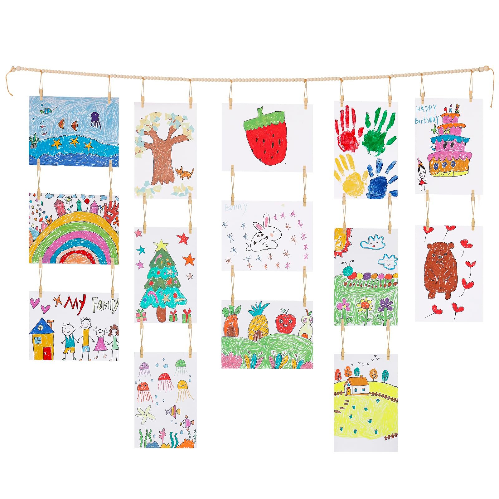 KLOGTSIND Kids Art Display Wall Decor, Wooden Beads Garland Frame Holder with 34 Clips for kids artwork, Photo, Wall Hanging Boho Room Bedroom Decor