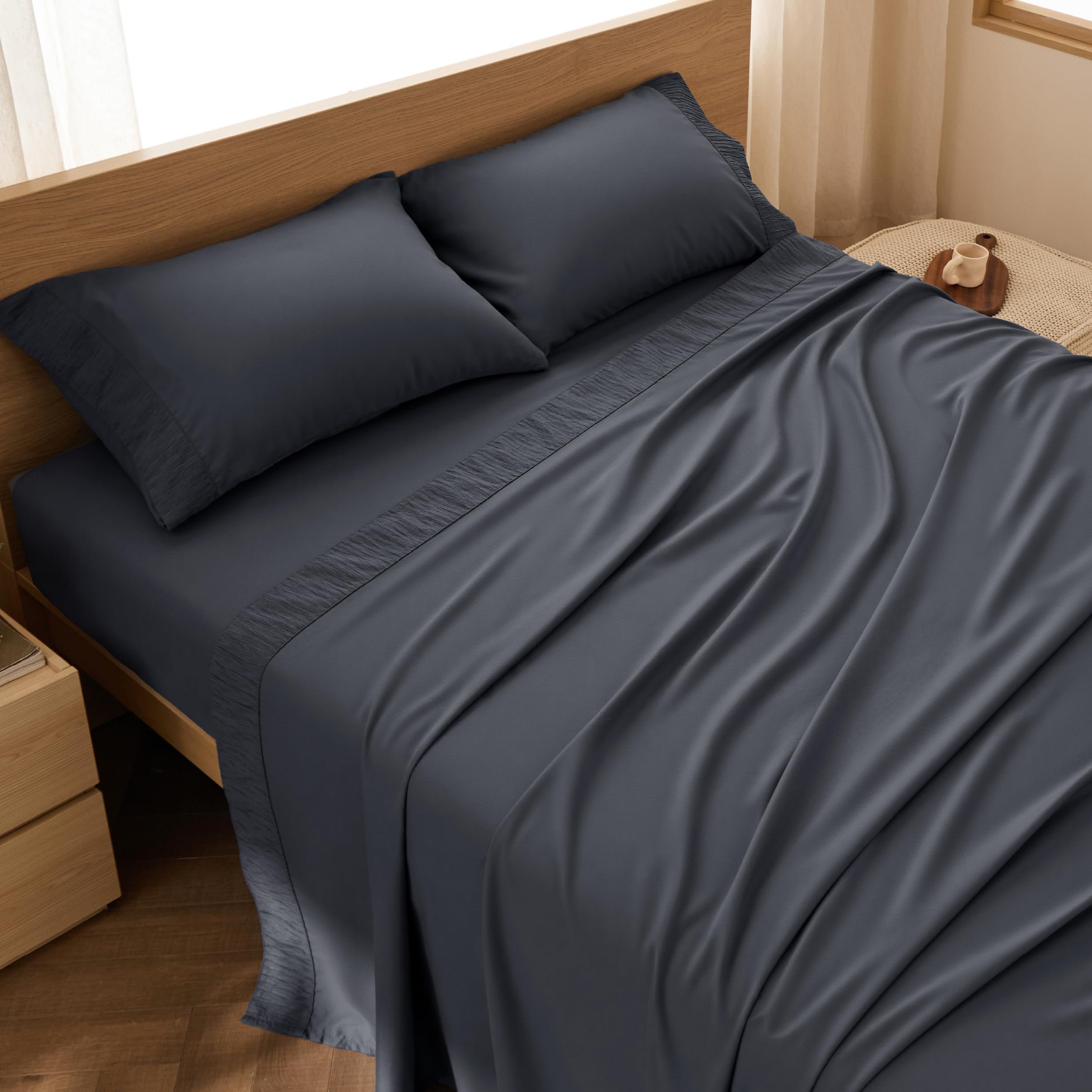 Bedsure Queen Sheet Set - 4 Pieces Soft Queen Size Sheets - Breathable & Cooling - Hotel Luxury - Easy Care Polyester Microfiber Bedding for Women, Men, Dark Grey