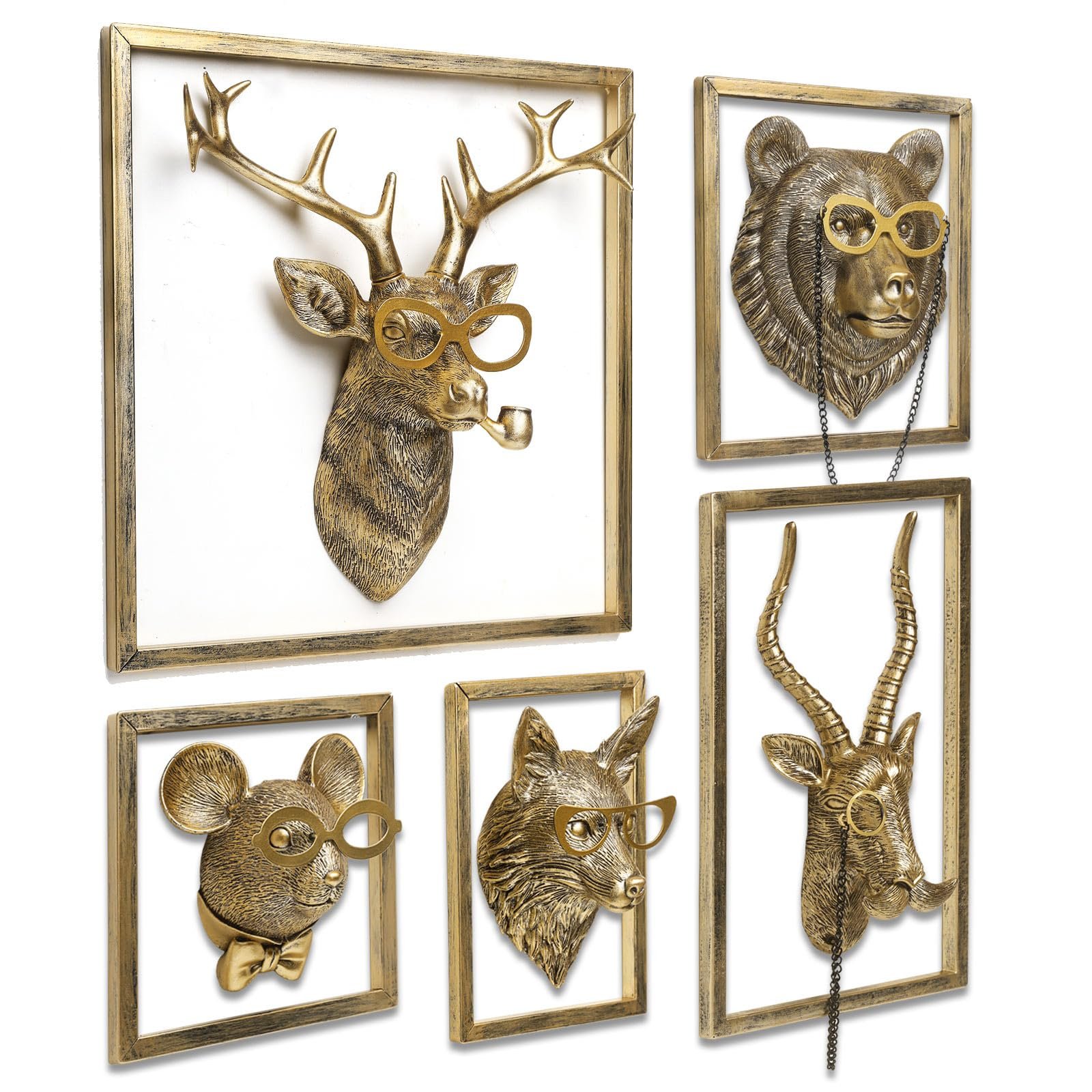 Animal Heads Wall Decor (5pcs, Includes Metal Frame) Resin Animals Sculptures Head Wall Hanging Decoration Gold vintage Wall Sculpture for Living Room Bedroom Office