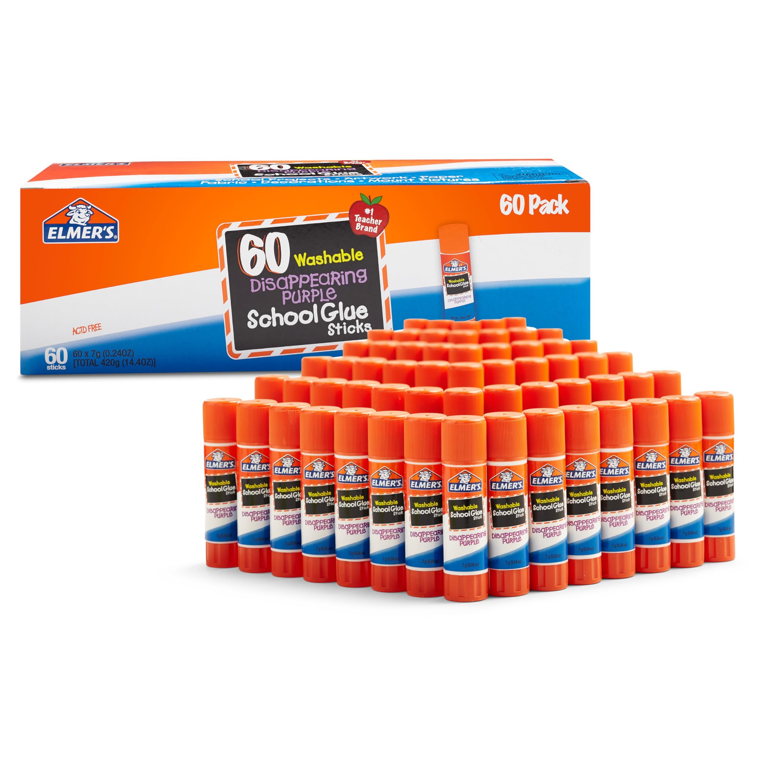 Elmer's Disappearing Purple School Glue Sticks Washable 7 Grams 60 Count, #1 Teacher Brand