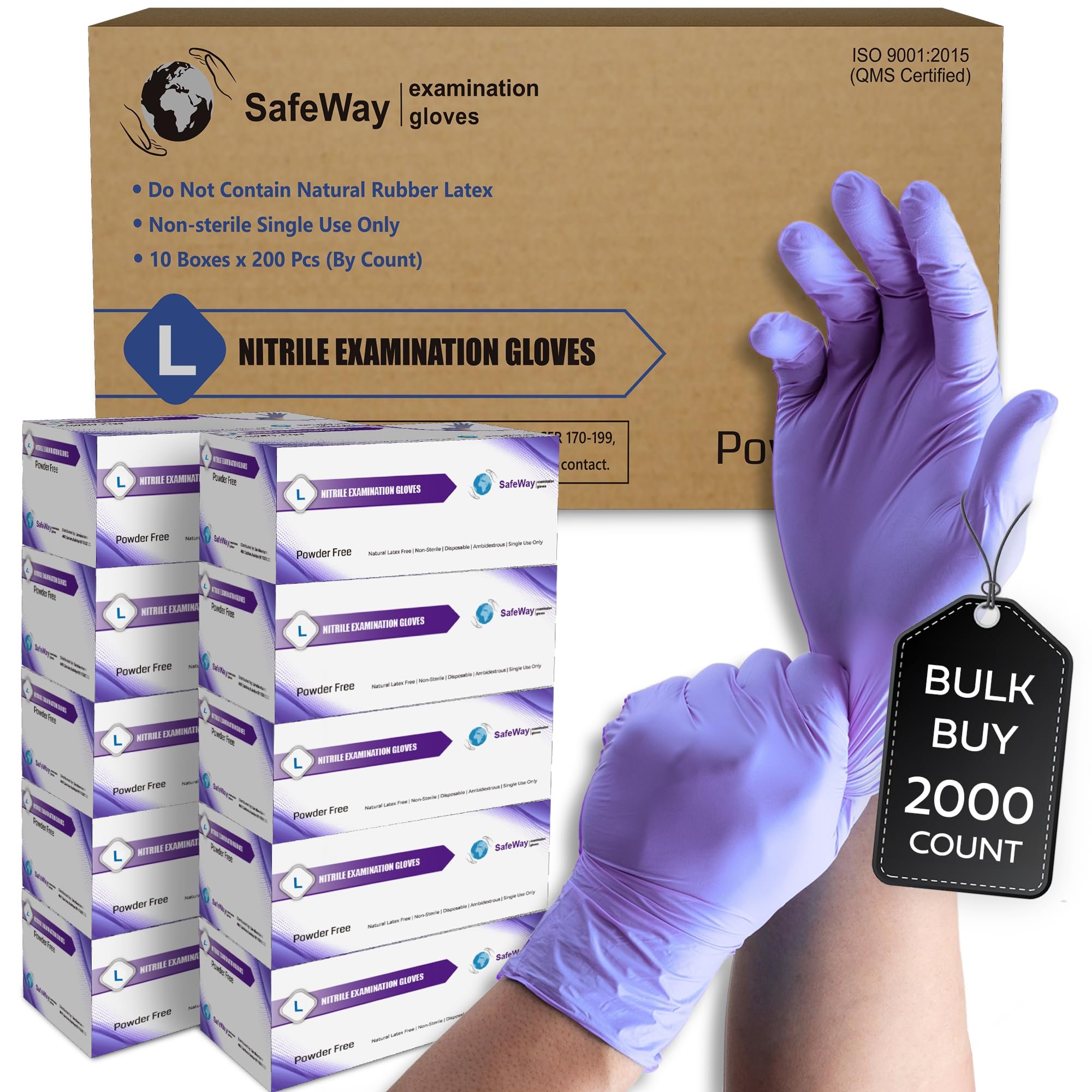 SAFEWAY Nitrile Gloves, 2000 Ct, Large, Powder-Free, Latex-Free, All-Purpose, Professional Disposable Gloves with Textured Fingertips for Medical Use, Food Prep, Cleaning, Tattoo & More