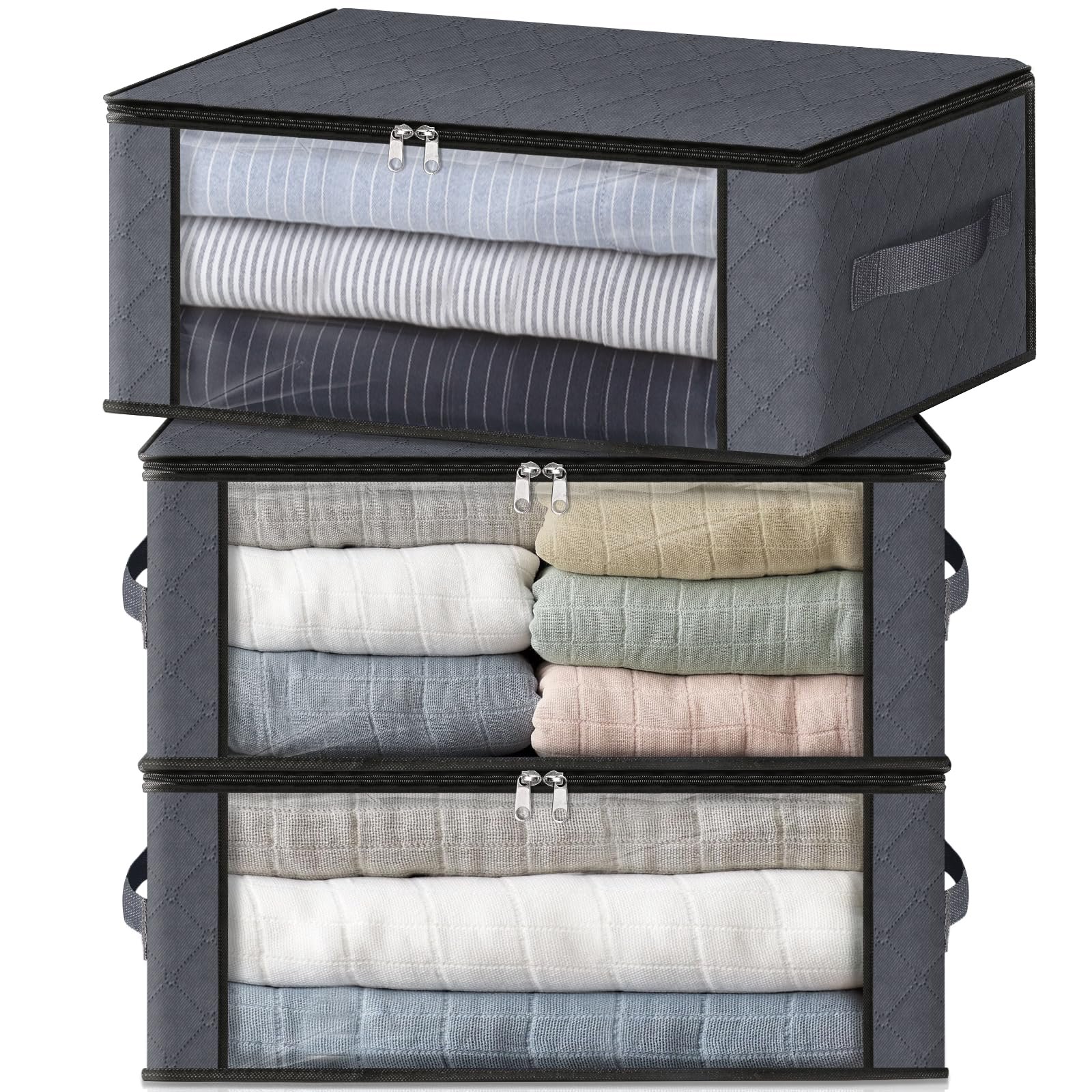 HomeHacks Storage 3-Pack Clothes Organizer Storage Bags Foldable Storage Box with Large Clear Window Sturdy Handles for Closet, Dorm, Pillows, Bedding, Clothes, Blankets, 35L, Gray