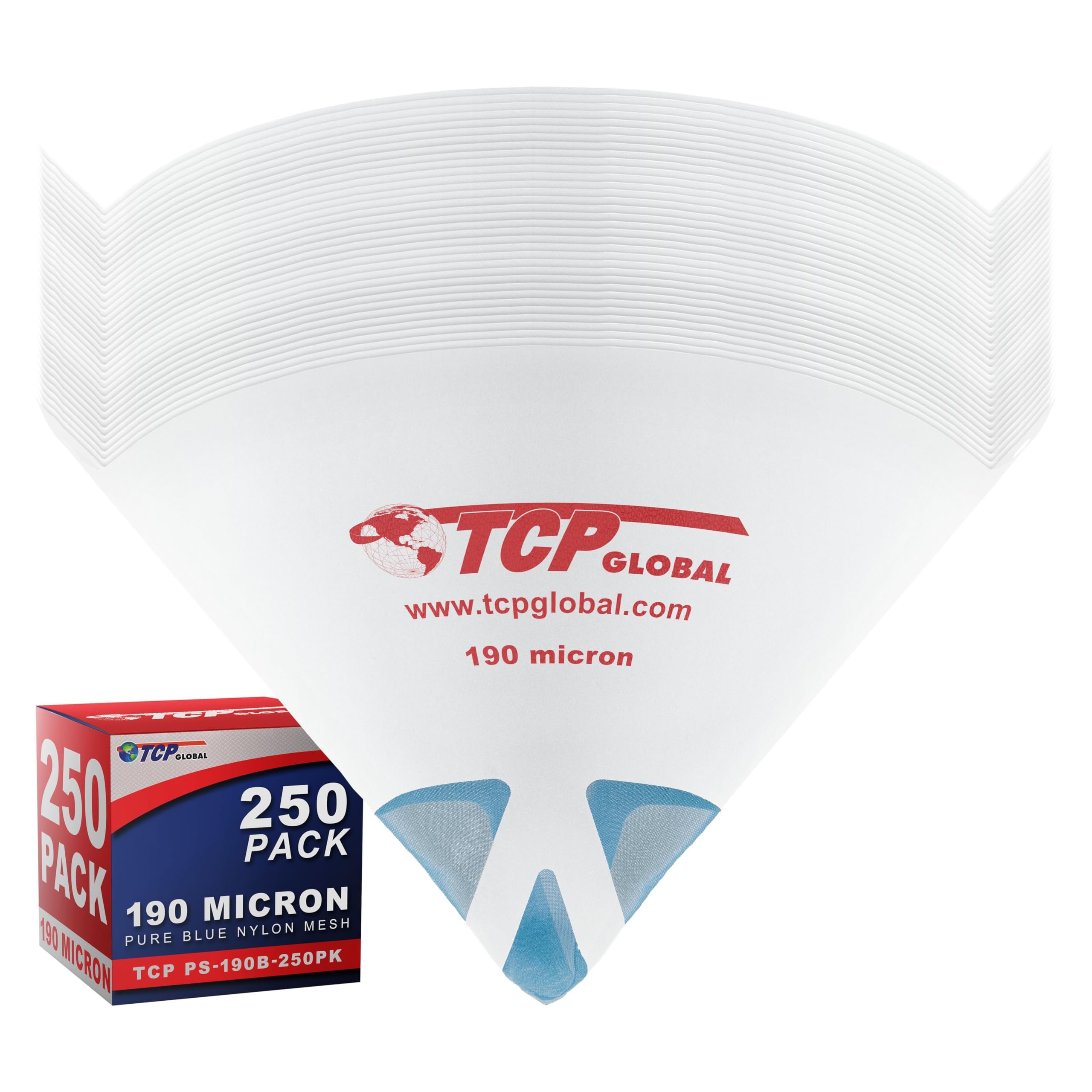 TCP Global - 190 Micron Filter Tips Ultra-Fine Paint Strainer (250 Pack) - Pure Blue Nylon Mesh Cone Strainer - Paint Filter Cones for Auto, House & Hobby