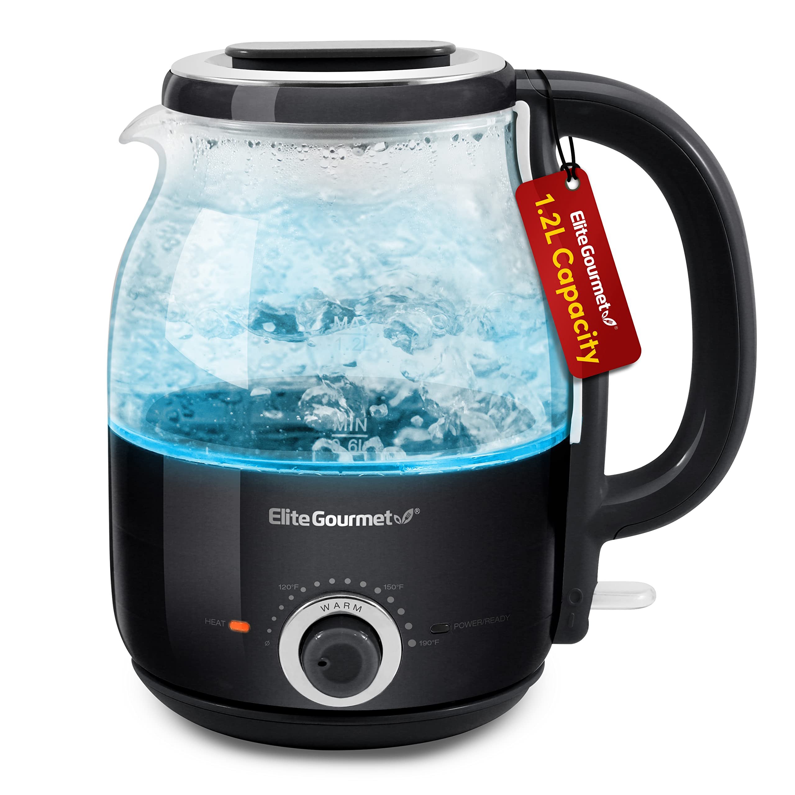 Elite Gourmet EKT1220B 1.2L Electric BPA-Free 1200W Glass Kettle, Temperature Dial Keep Warm Function, Cordless 360° Base, Blue LED Interior, Auto Shut-Off Function – Quick Boil, Black