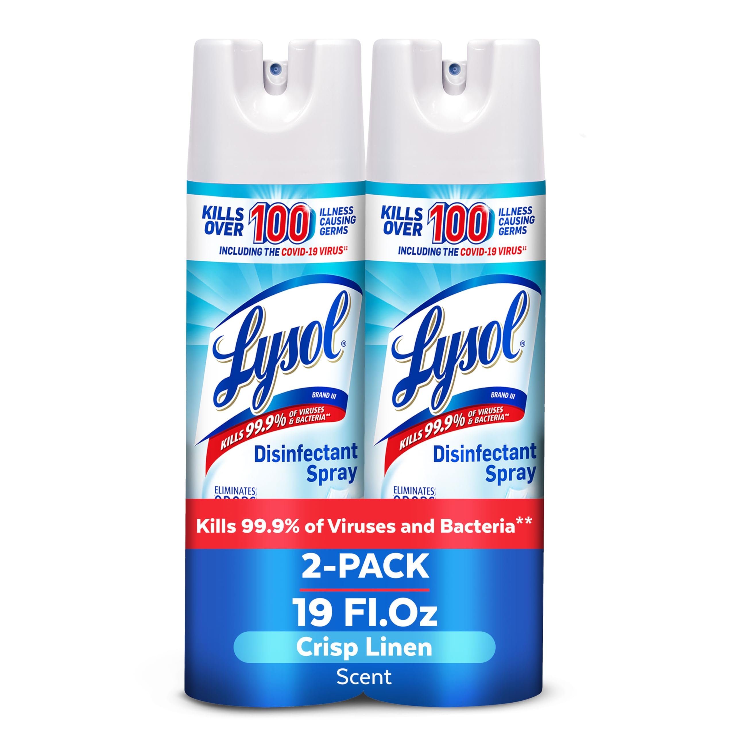 Lysol Disinfectant Spray, Household Essential Cleaning Supplies, Multi-Purpose Room Spray, Antibacterial Sanitizer Spray, Upholstery Deodorizer, Home and Bathroom, Crisp Linen,19 Fl Oz (Pack of 2) - Product Image