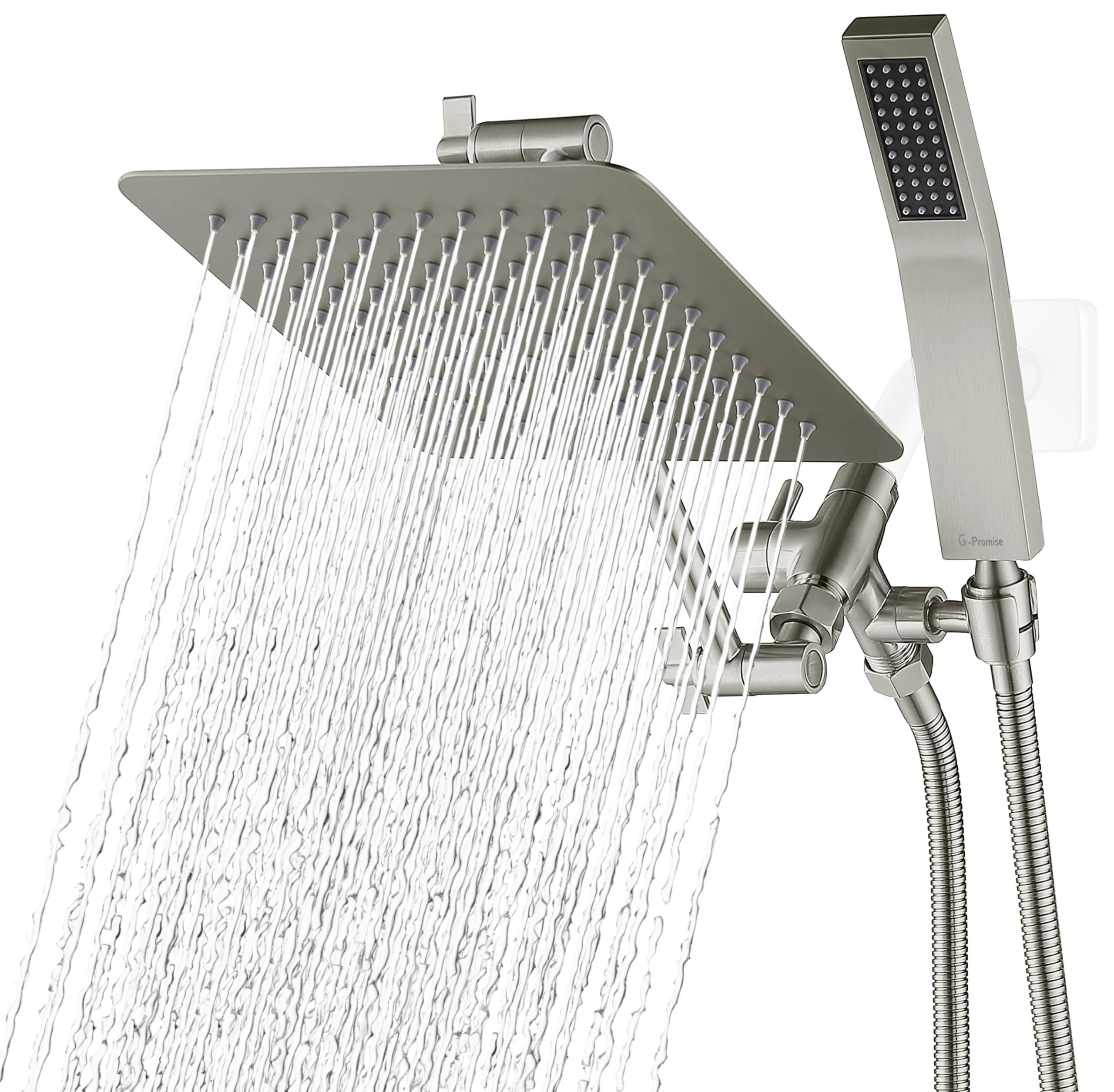 G-Promise All Metal 8 Inch Dual Square Shower Head with Handheld Spray Combo, Rain Shower Head, Adjustable Extension Arm, 3-Way Diverter, 71 Inch Extra Long Hose - A Bathroom Upgrade (Brushed Nickel)