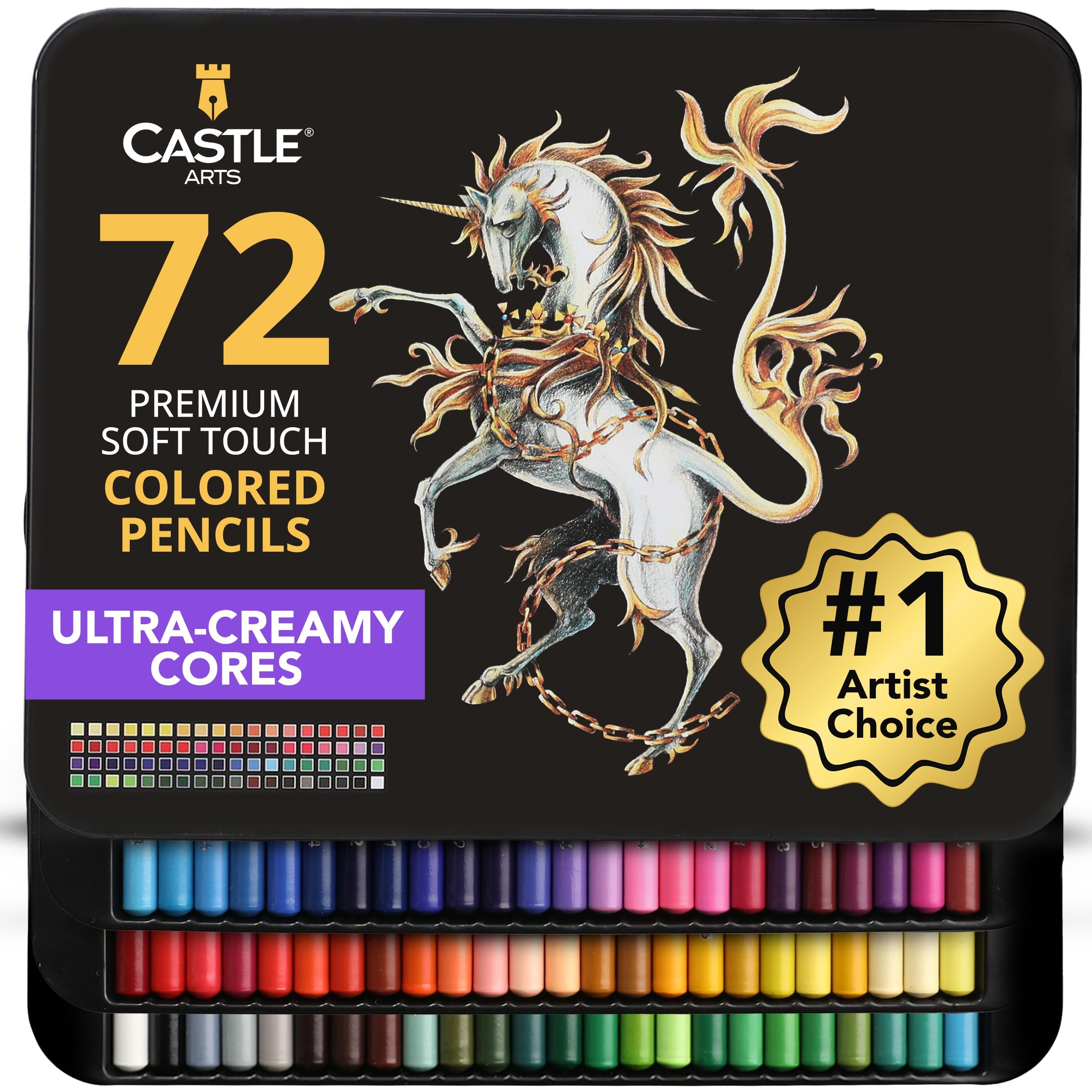 Castle Art Supplies Colored Pencils Set | 72 Premium Soft Core Colored Leads for Adult Artists | Organized in Presentation Tin Case
