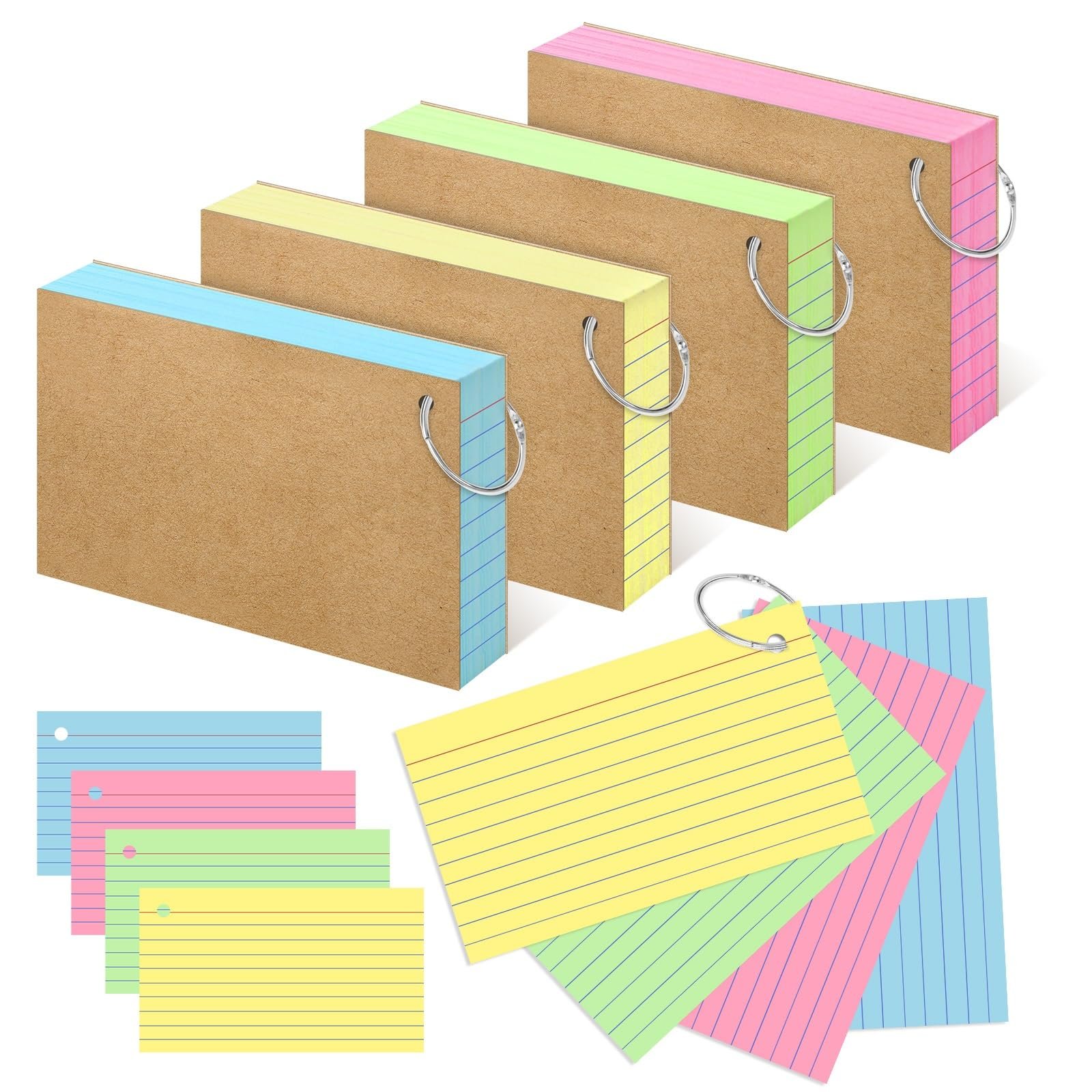 YAGUAO Colored Index Cards 3x5 Inch Flash Cards with Ring Lined Flashcards Note Cards for Studying School Supplies College, 200 Count