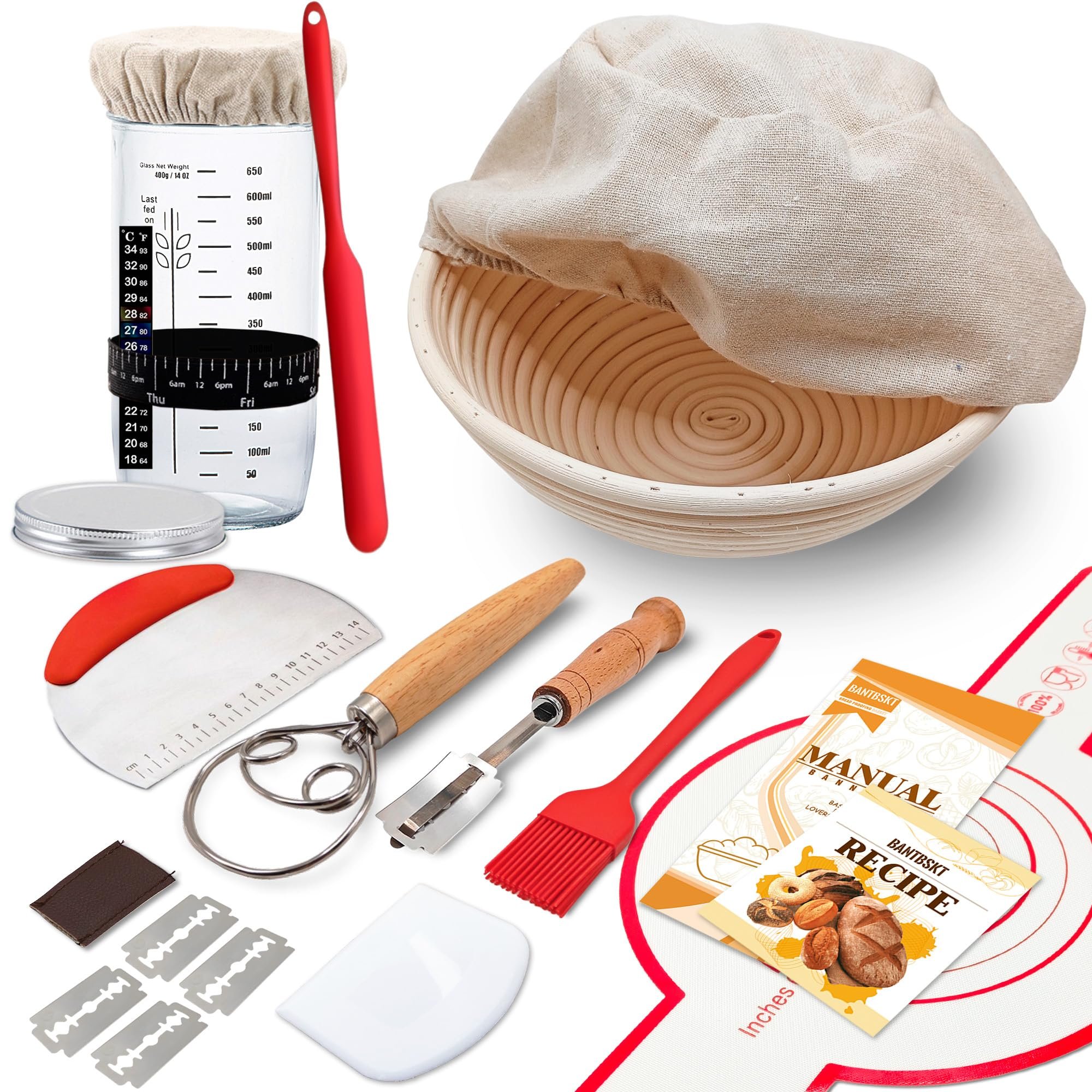 BANTBSKT Complete Sourdough Starter Kit, 9" Banneton Bread Proofing Basket with Glass Jar, Sourdough Bread Making Baking Fermentation Supplies