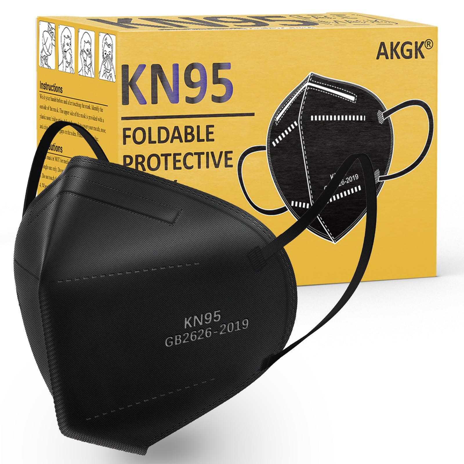 akgk KN95 Face Mask 50 PCS, Breathable Protection Masks, Individually Wrapped, 5-Ply KN95 Black Masks, Cup Dust Safety Masks