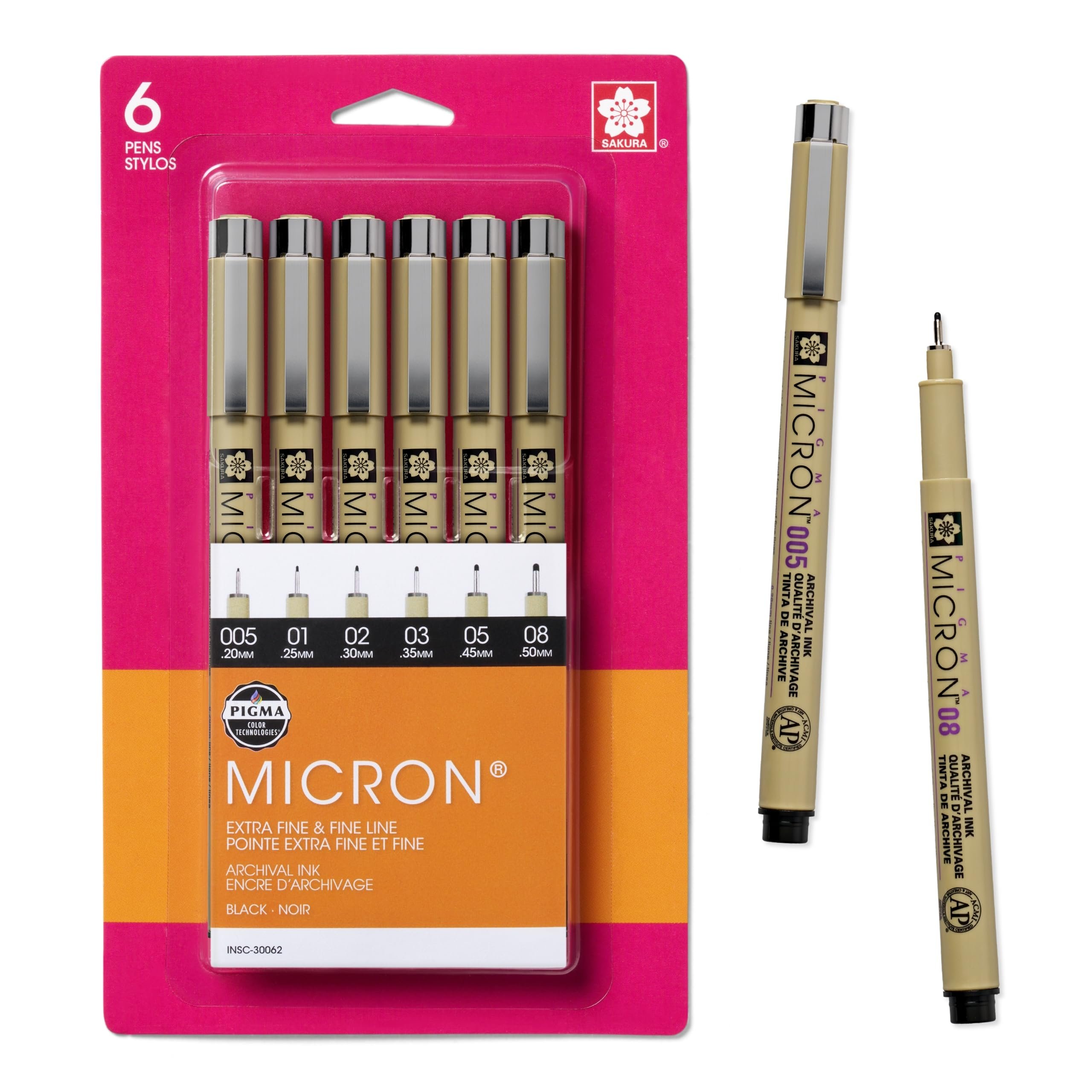 SAKURA Pigma Micron Fineliner Pens - Archival Black Ink Pens - Pens for Writing, Drawing, or Bullet Journaling - Assorted Point Sizes - 6 Pack