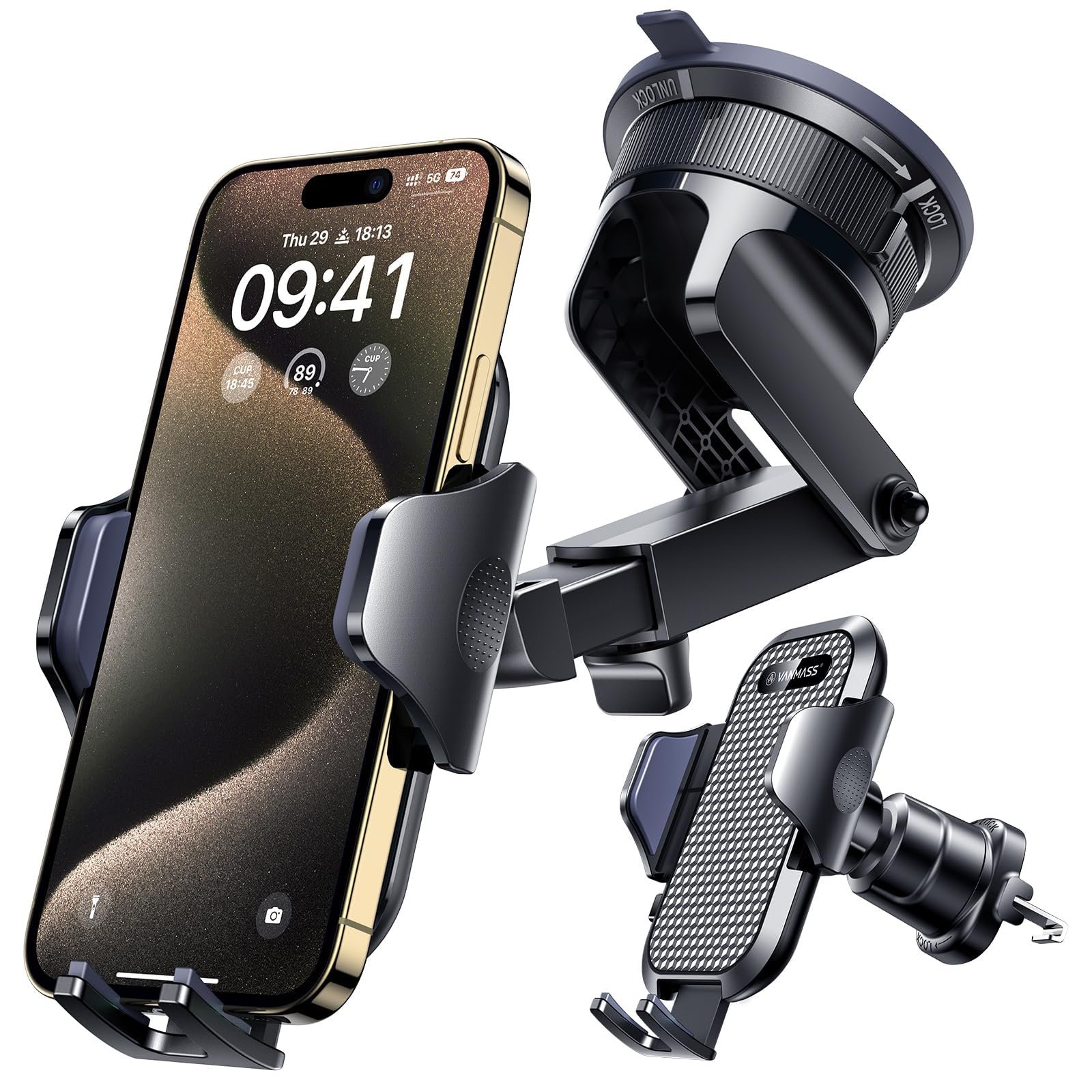 [2025 True Military-Grade] Car Phone Holder VANMASS [Upgraded Strongest Suction & Clip] Cell Phone Mount for Dashboard Windshield Vent,Truck Cradle Stand for iPhone 16 Pro Max 15 14 13 Samsung Android