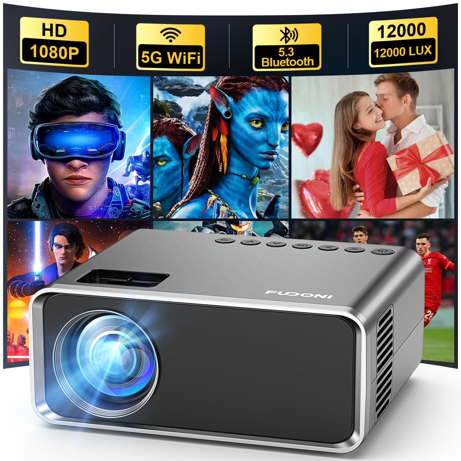 FUDONI Projector with WiFi and Bluetooth 4K Supported, Upgraded Outdoor Movie Projectors Native 1080P FHD, Video Proyector for Home Theater, Compatible w/HDMI/USB/iOS/Android/Windows/TV Stick