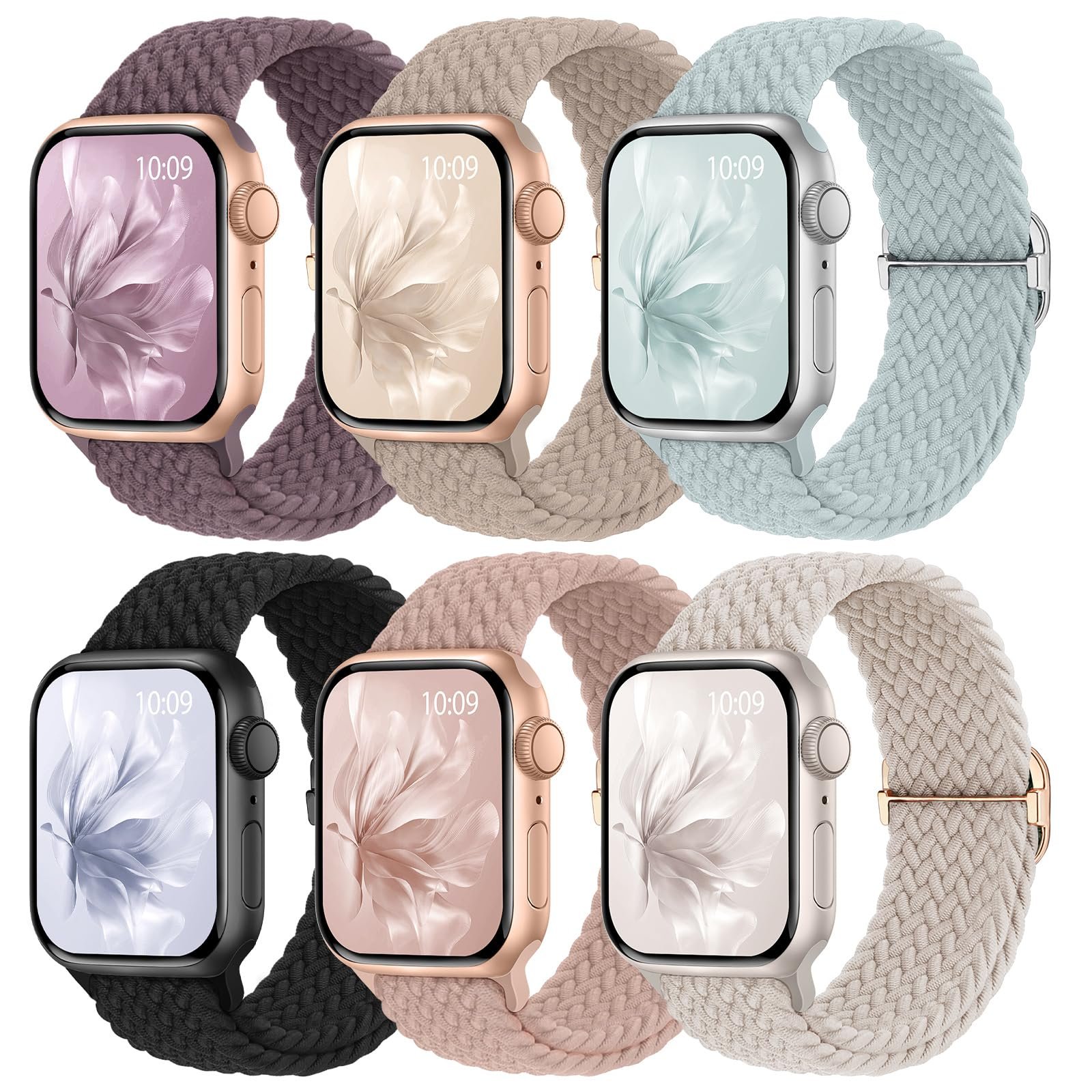 6 Pack Braided Stretchy Bands Compatible with Apple Watch Band 38mm 40mm 41mm 42mm 44mm 45mm 46mm 49mm Women Men, Adjustable Nylon Solo Loop Elastic Straps for iWatch Series 10 9 8 7 6 5 4 3 SE Ultra