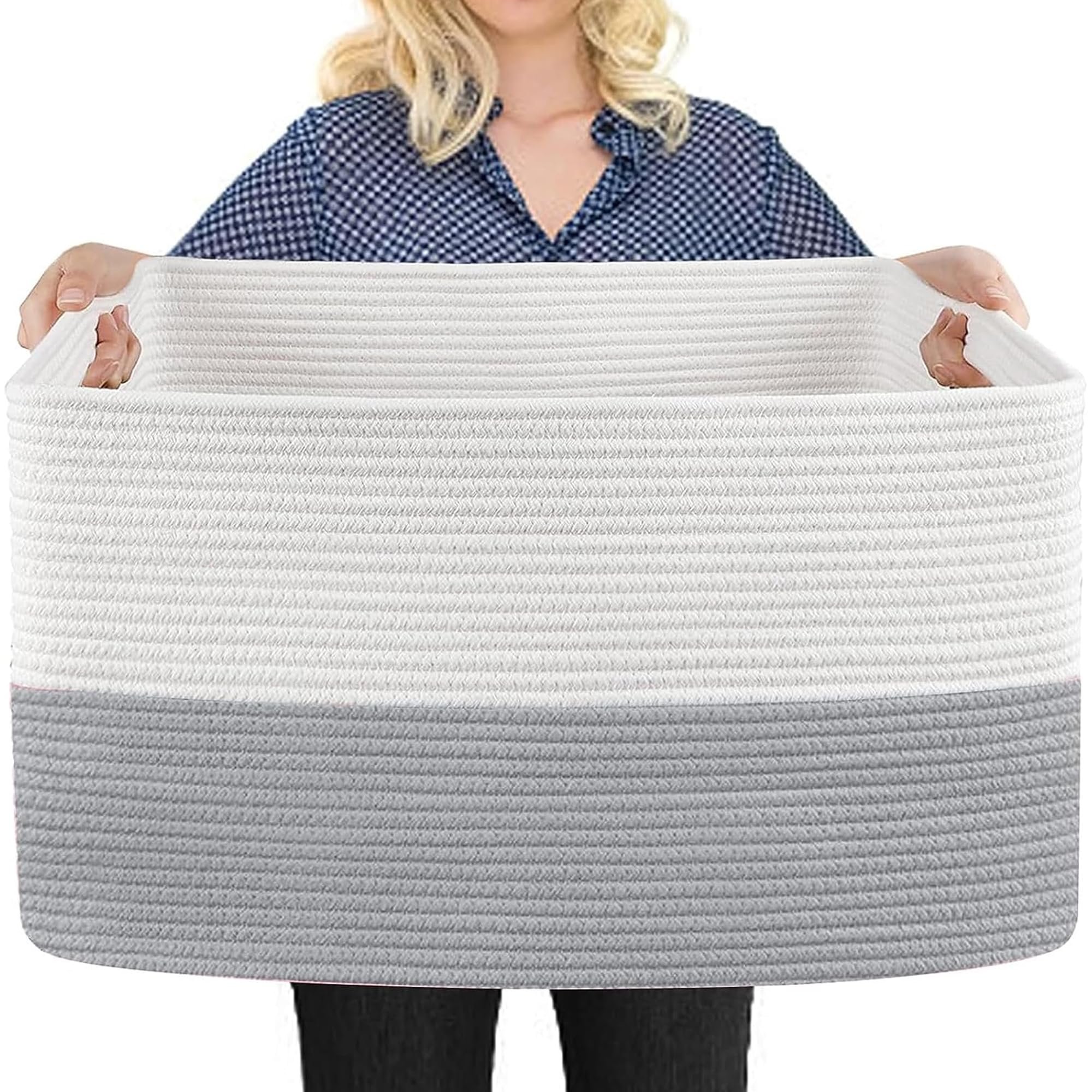 MEGASKET Extra Large Laundry Basket, Rectangle Woven Cotton Rope Storage Basket with Handles, Wicker Laundry Hamper, Farmhouse Storage Bin for Blankets Clothes Toys, Grey, 22" x 17" x 12"