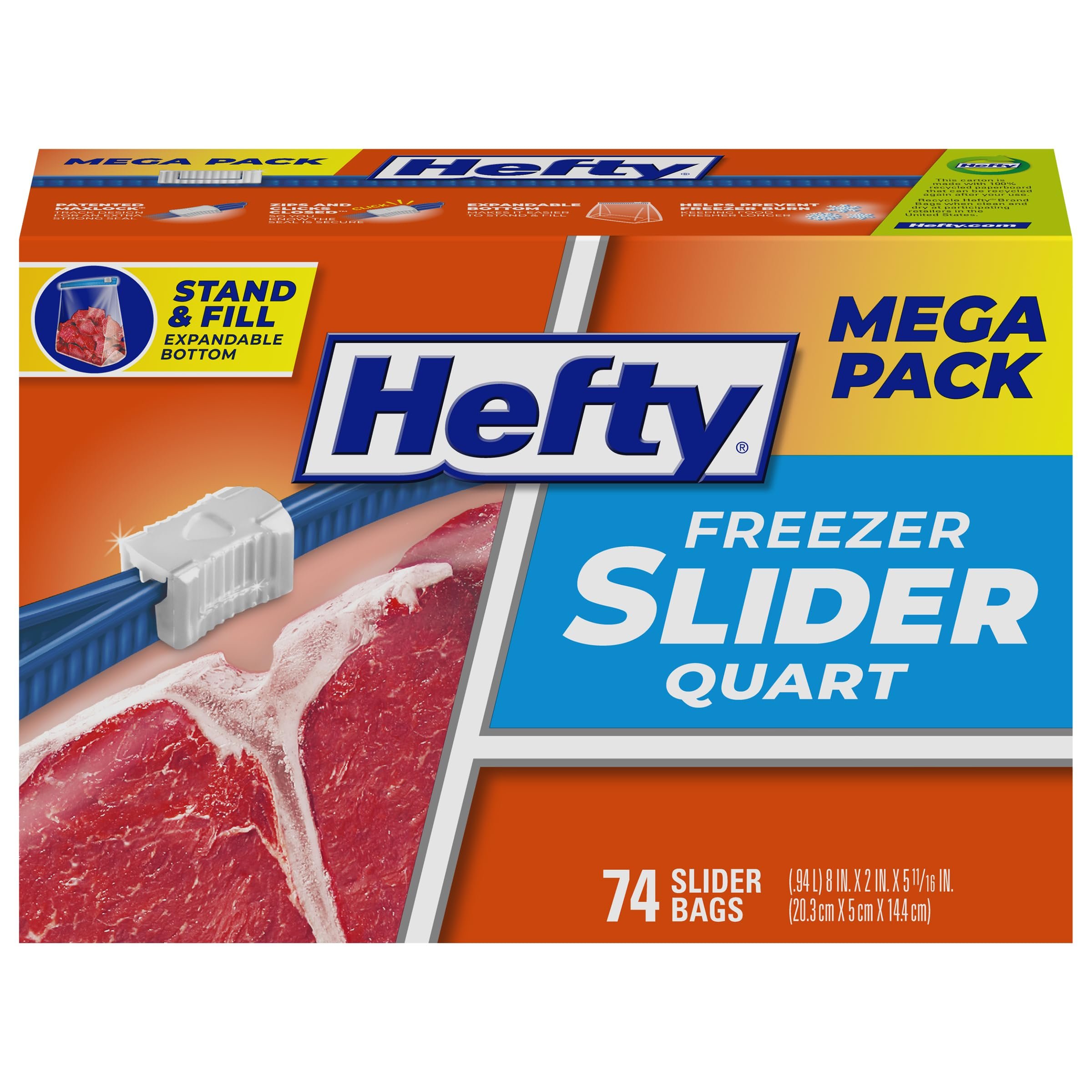 Hefty Slider Freezer Kitchen Storage Bags, Quart Size, 74 Count