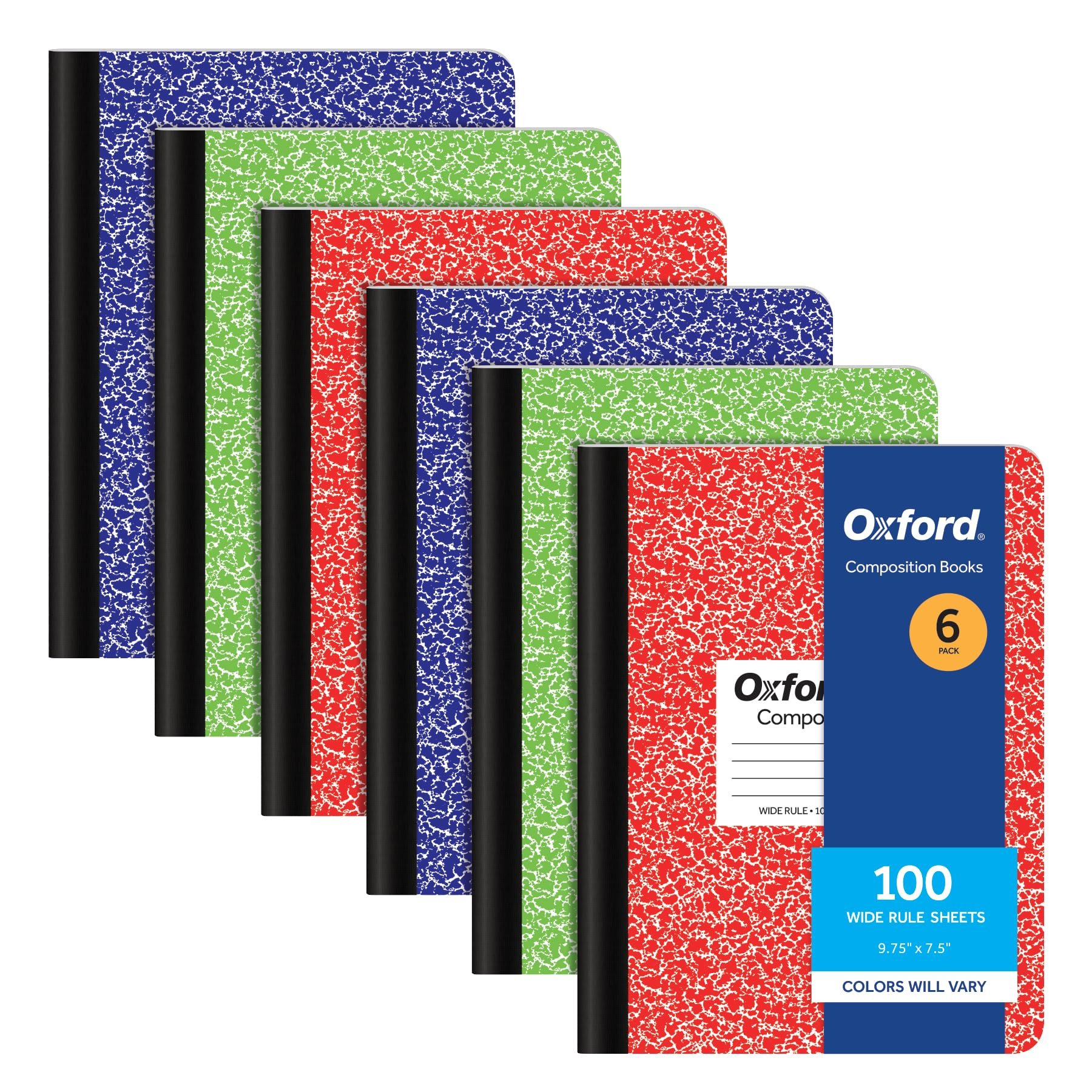 Oxford Composition Notebooks, 6 Pack, Cover Colors Vary, Wide Ruled Paper, 9-3/4 x 7-1/2 Inch School Journals, Assorted Marble Covers, 100 Sheets, per Book (63762)
