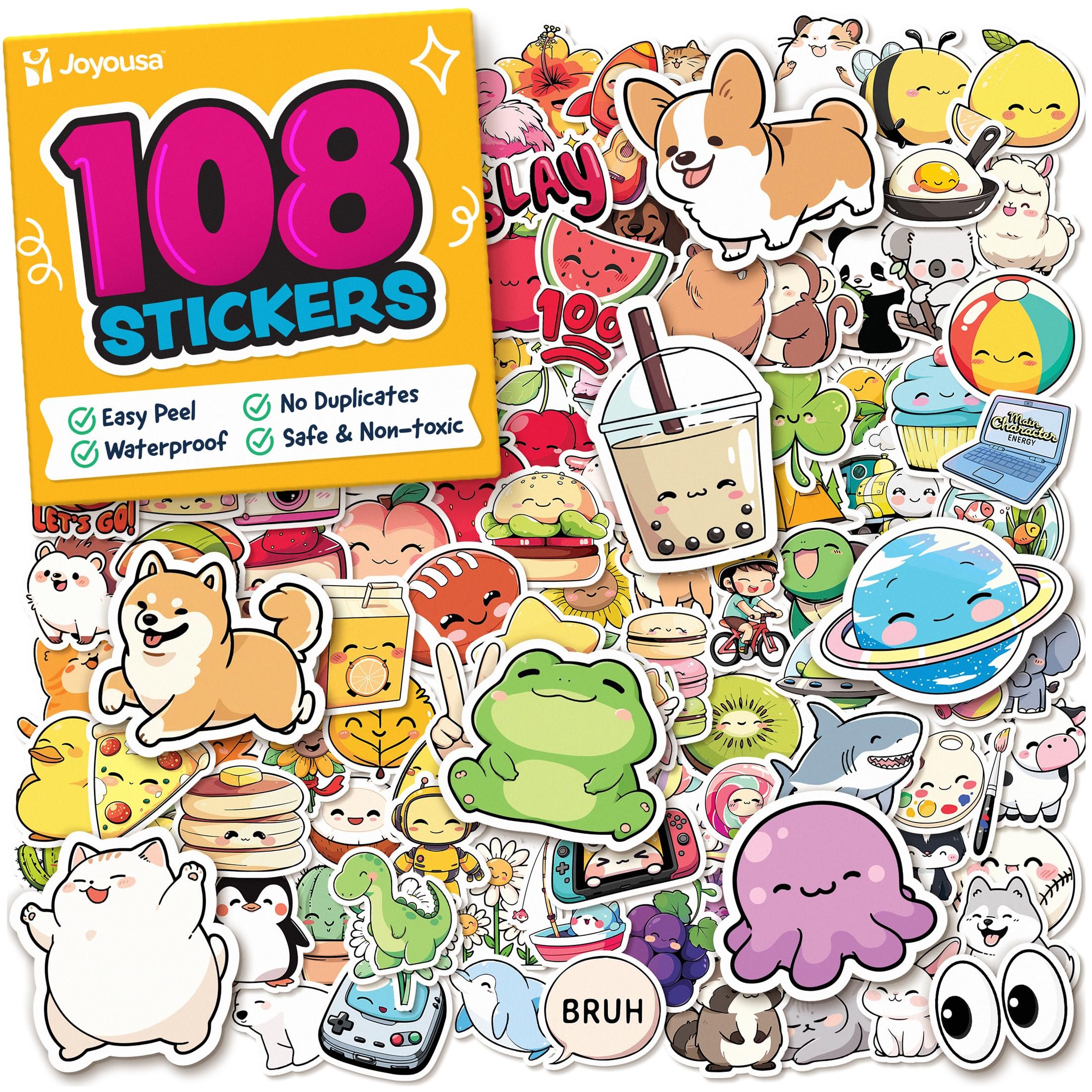 Cute Stickers for Kids - Kawaii Stickers for Kids Classroom Decor, Water Bottle & Teacher Rewards - 108pc Easy Peel Bulk Pack for Teens - Waterproof Vinyl Decals - Scrapbooking, Journaling, Notebook