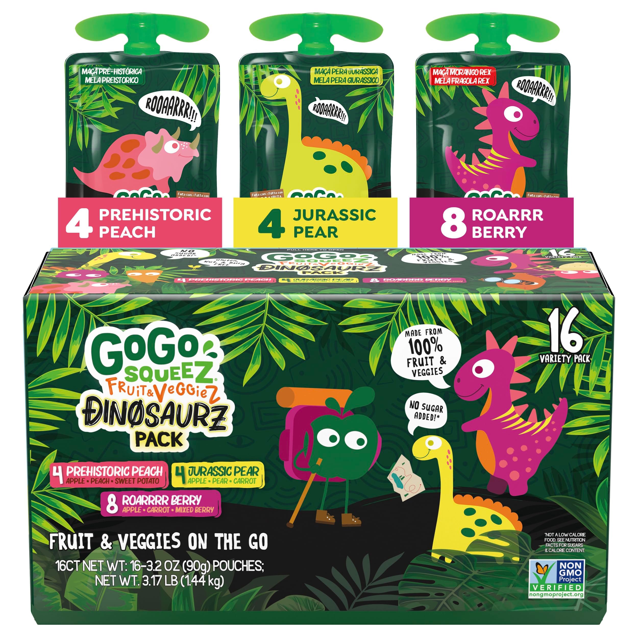 GoGo squeeZ Fruit & veggieZ Applesauce and Puree Variety Pack, Jurassic Pear, Roarrrr Berry & Prehistoric Peach, 3.2 oz (Pack of 20), Unsweetened Snacks for Kids, BPA Free Pouches
