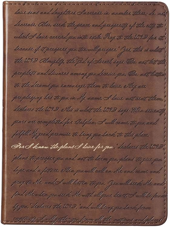 Christian Art Gifts Brown Faux Leather Journal | For I Know the Plans Jeremiah 29:11 Bible Verse | Handy-sized Flexcover Inspirational Notebook w/Ribbon 240 Lined Pages, Gilt Edges, 5.5 x 7 Inches - Product Image