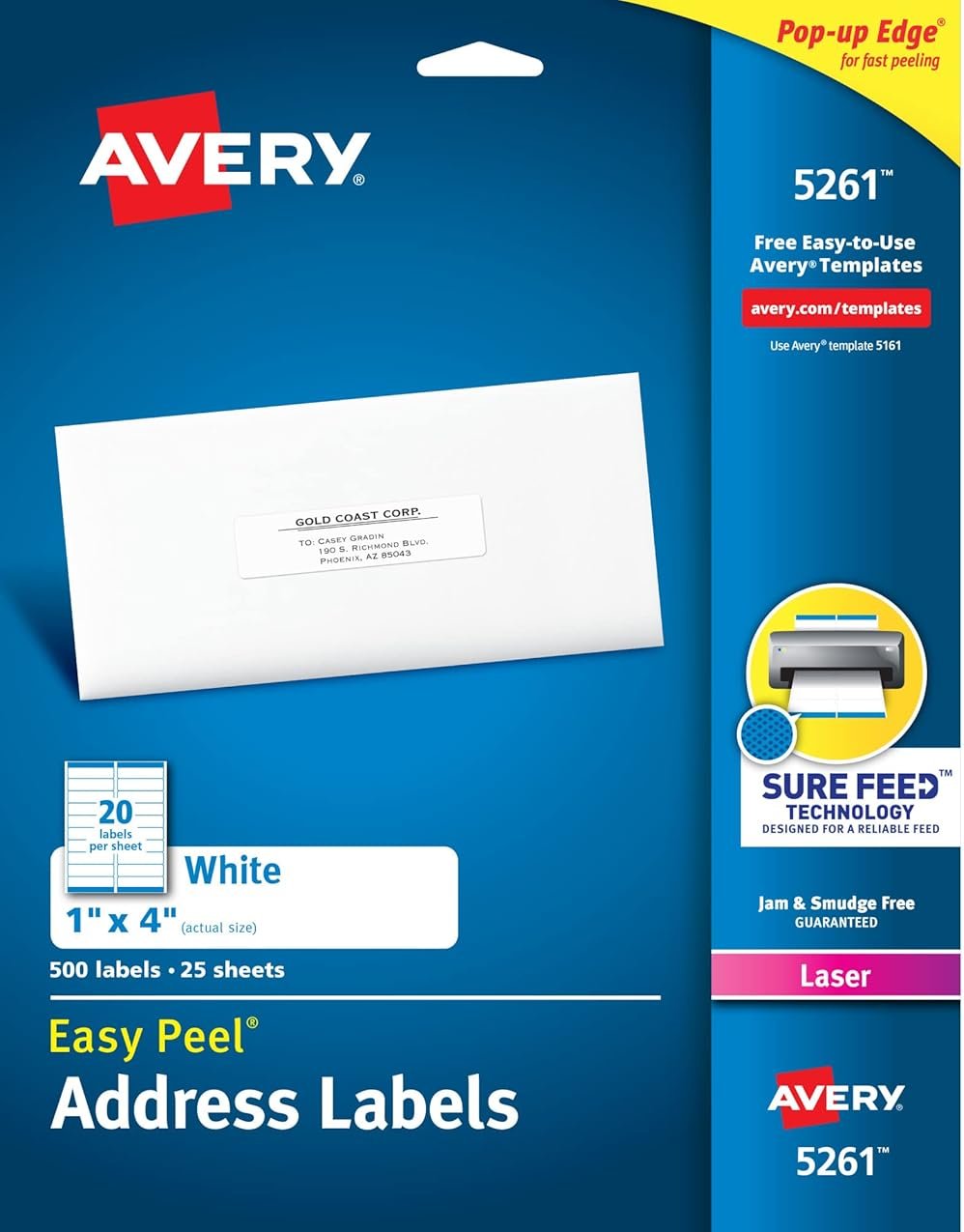 Avery Easy Peel Printable Address Labels with Sure Feed, 1" x 4", White, 500 Blank Mailing Labels (05261) - Product Image